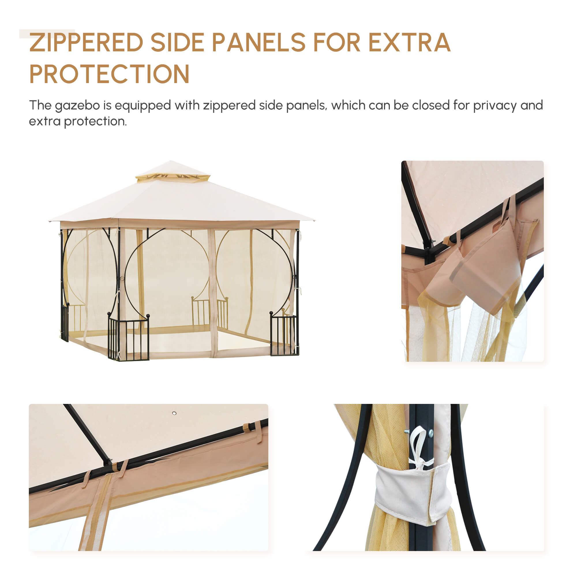 Outsunny 3 x 3(m) Garden Gazebo Patio Party Tent Shelter Outdoor Canopy Double Tier Sun Shade Metal Frame Netting, Beige