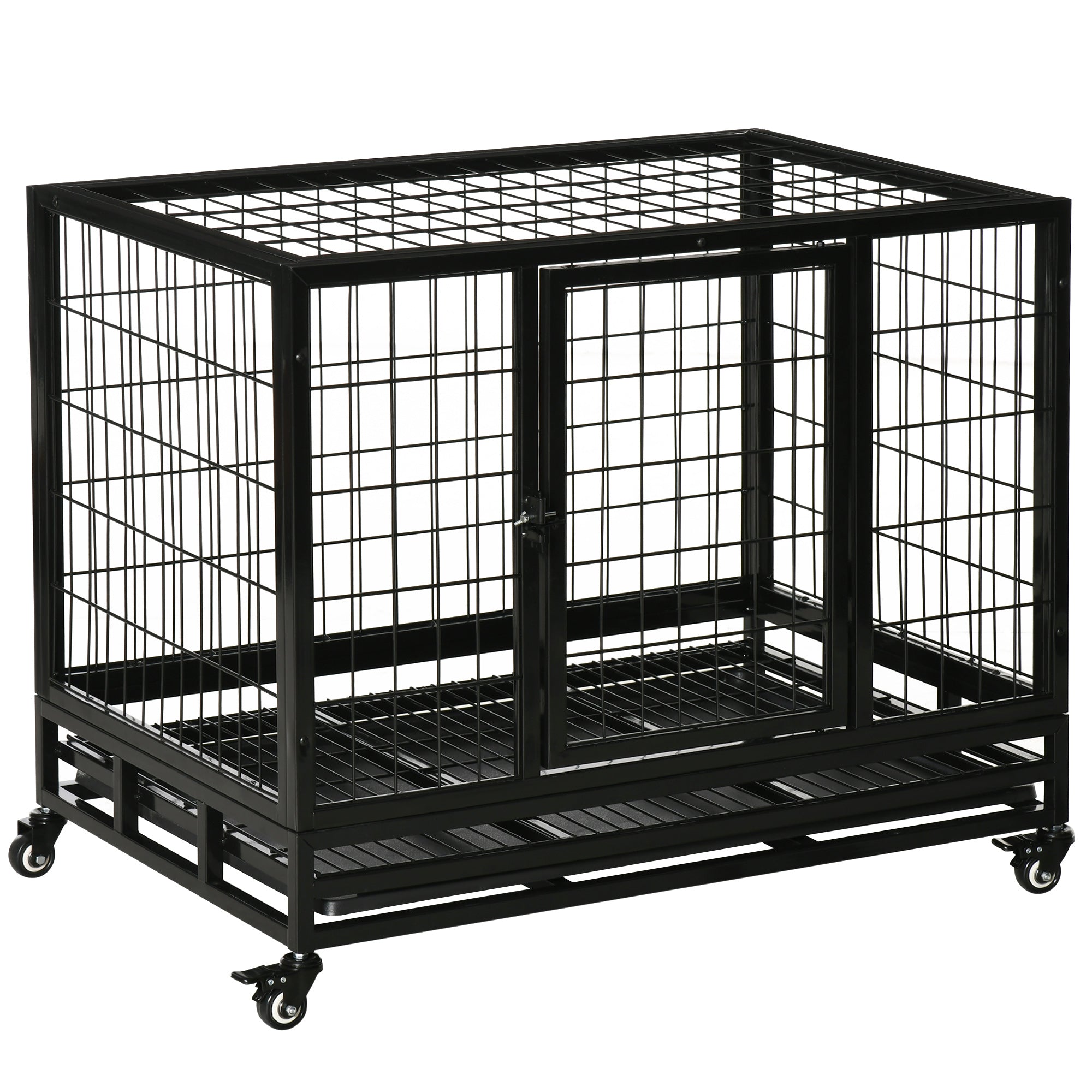 PawHut 36" Heavy Duty Metal Dog Crate Pet Cage with Tray Wheeled Dog Kennel - Black (Medium)