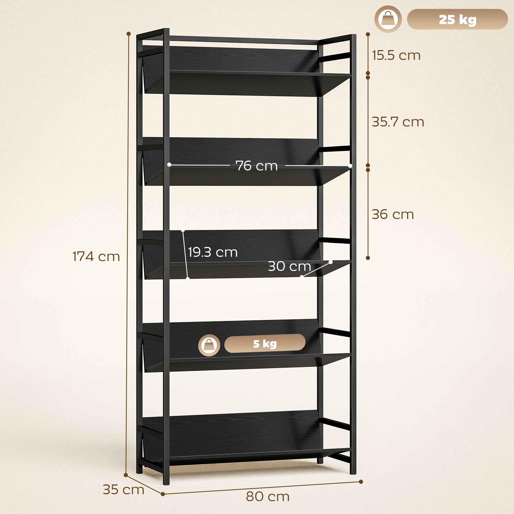 HOMCOM Bookshelf 5-Tier Metal Frame Room Divider Bookcase Storage Shelves for Living Room Black