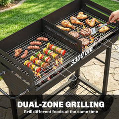 Outsunny Charcoal Barbecue Grill with 2 Cooking Areas, Portable BBQ Trolley with Wheels, Height Adjustable Grates, Bottom Shelf
