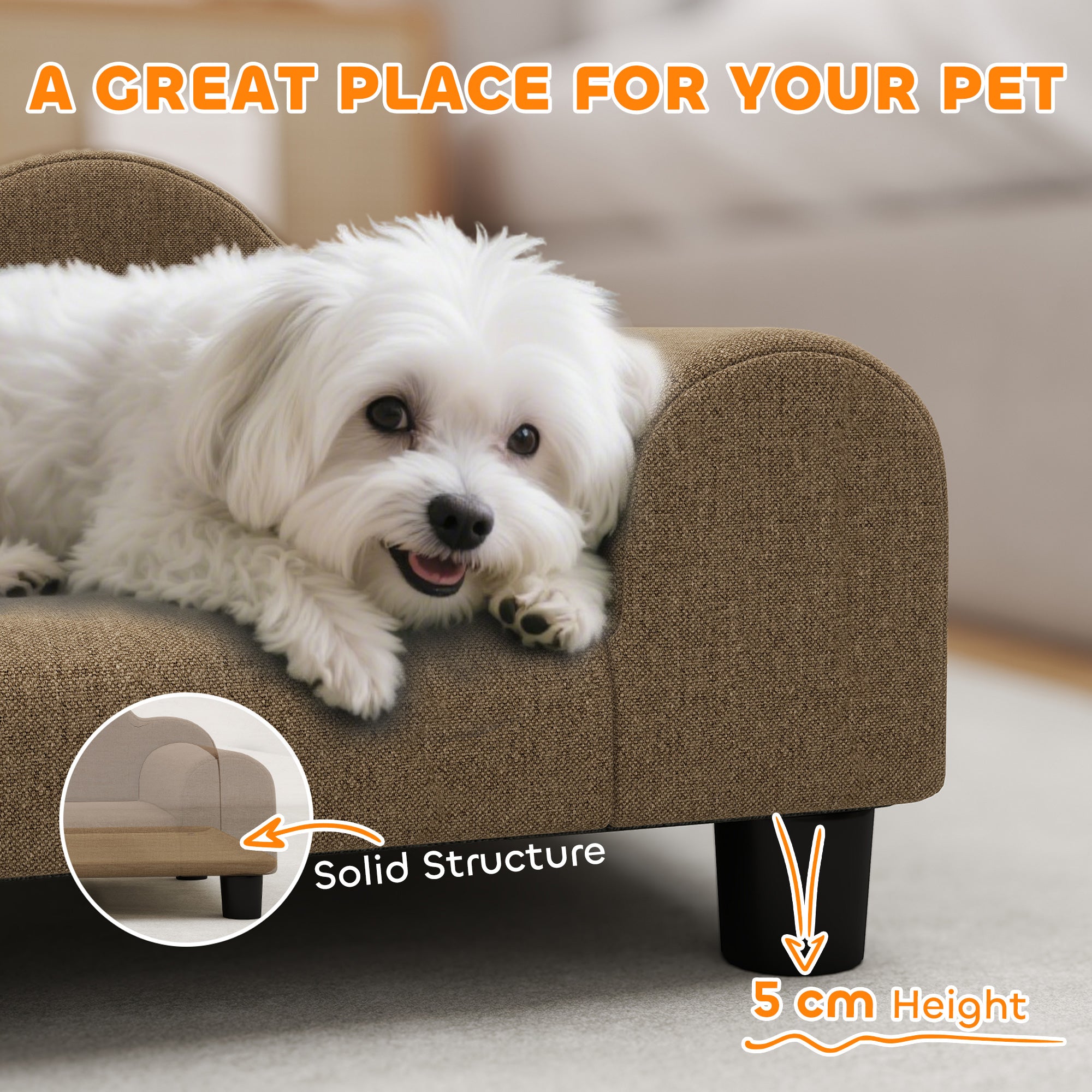 PawHut Elevated Dog Sofa Bed, Breathable Pet Sofa with Backrest and Armrest for Small Dogs, Brown