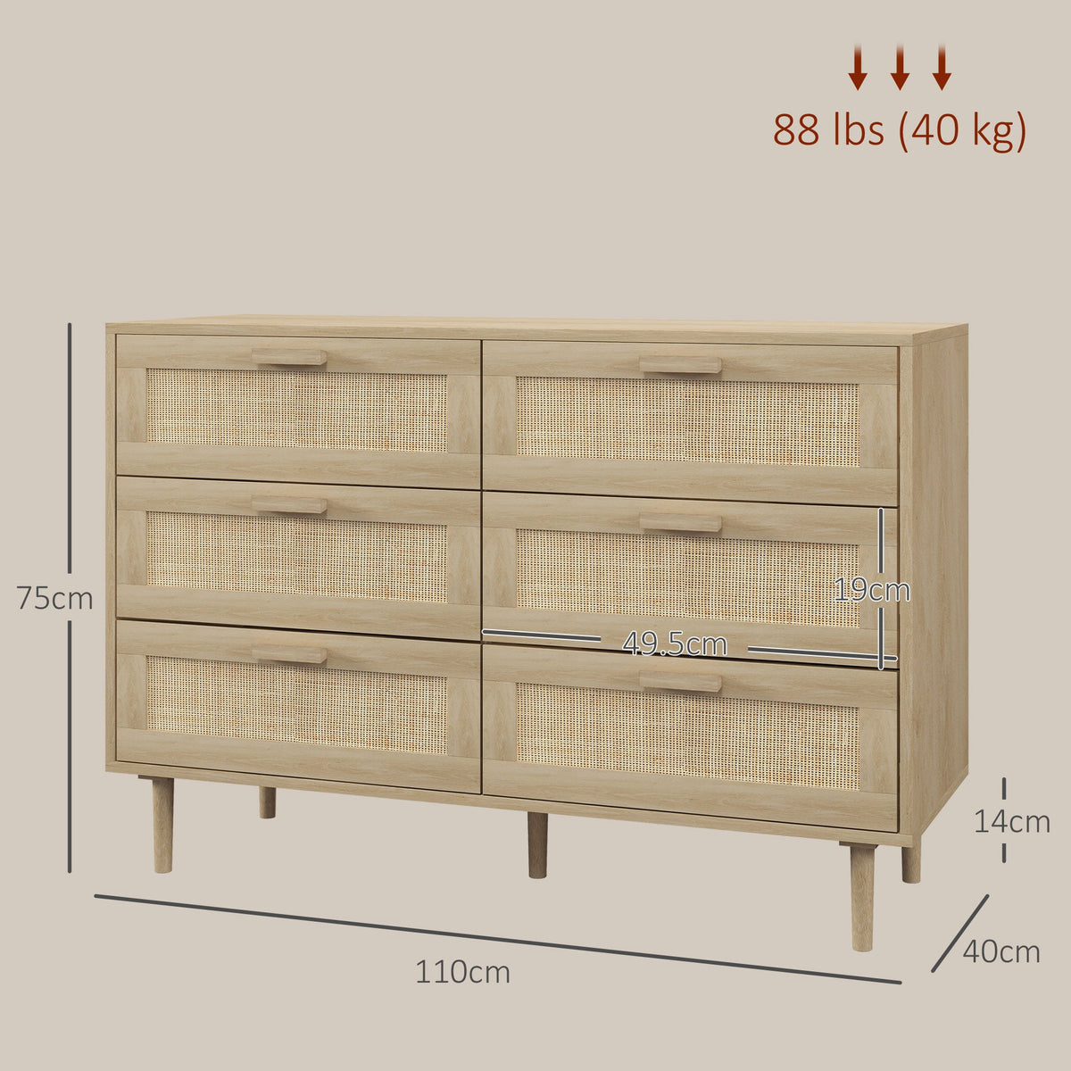 HOMCOM Chest of Drawers, 6-Drawer Dresser, Tall Storage Drawer Unit with Rattan Element for Bedroom, Living Room, Oak