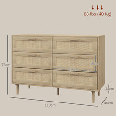 HOMCOM Chest of Drawers, 6-Drawer Dresser, Tall Storage Drawer Unit with Rattan Element for Bedroom, Living Room, Oak