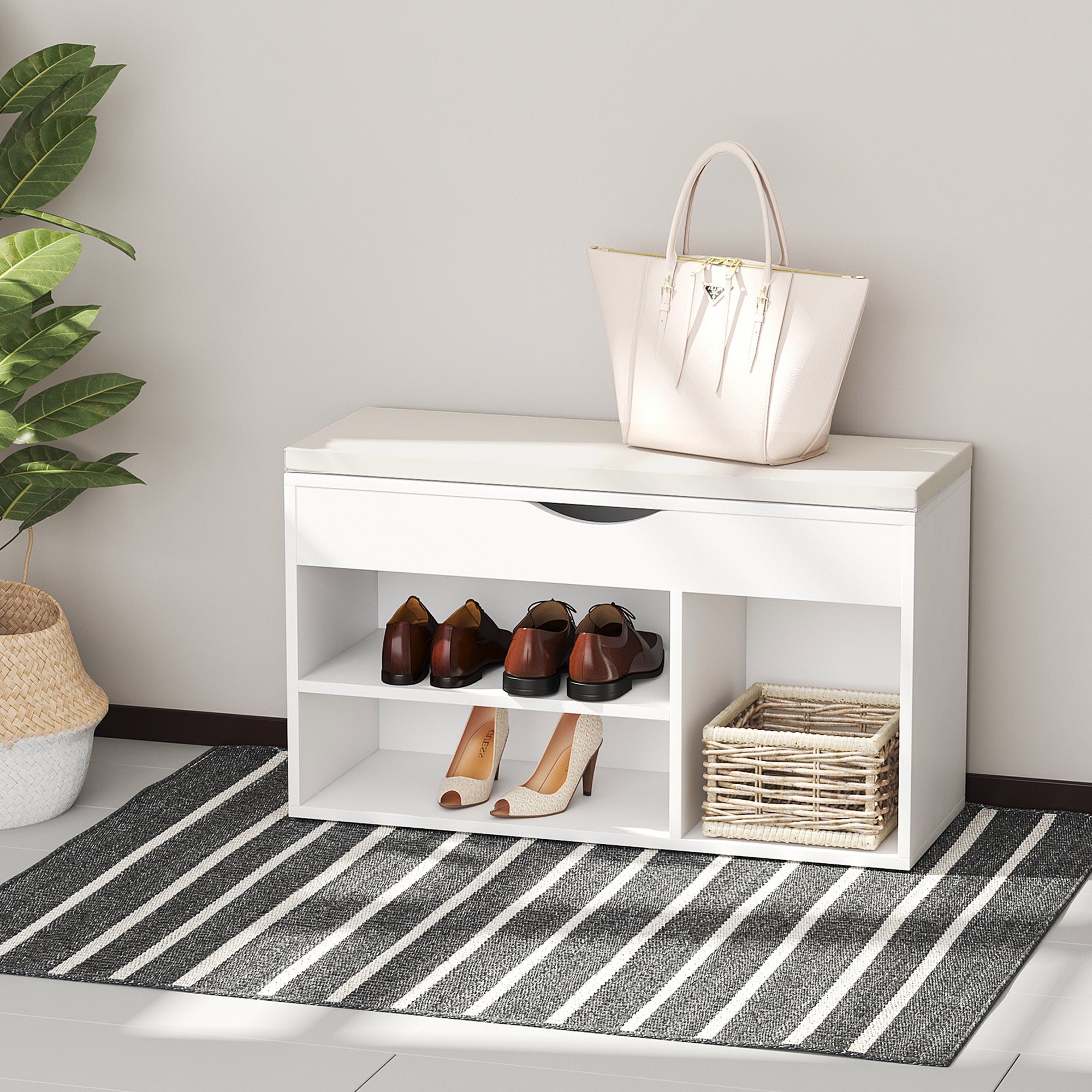 HOMCOM Wooden Shoes Cabinet Bench Hidden Storage Padded Seat Organiser Footwear Rack Hallway White 80 x 30 x 47 cm