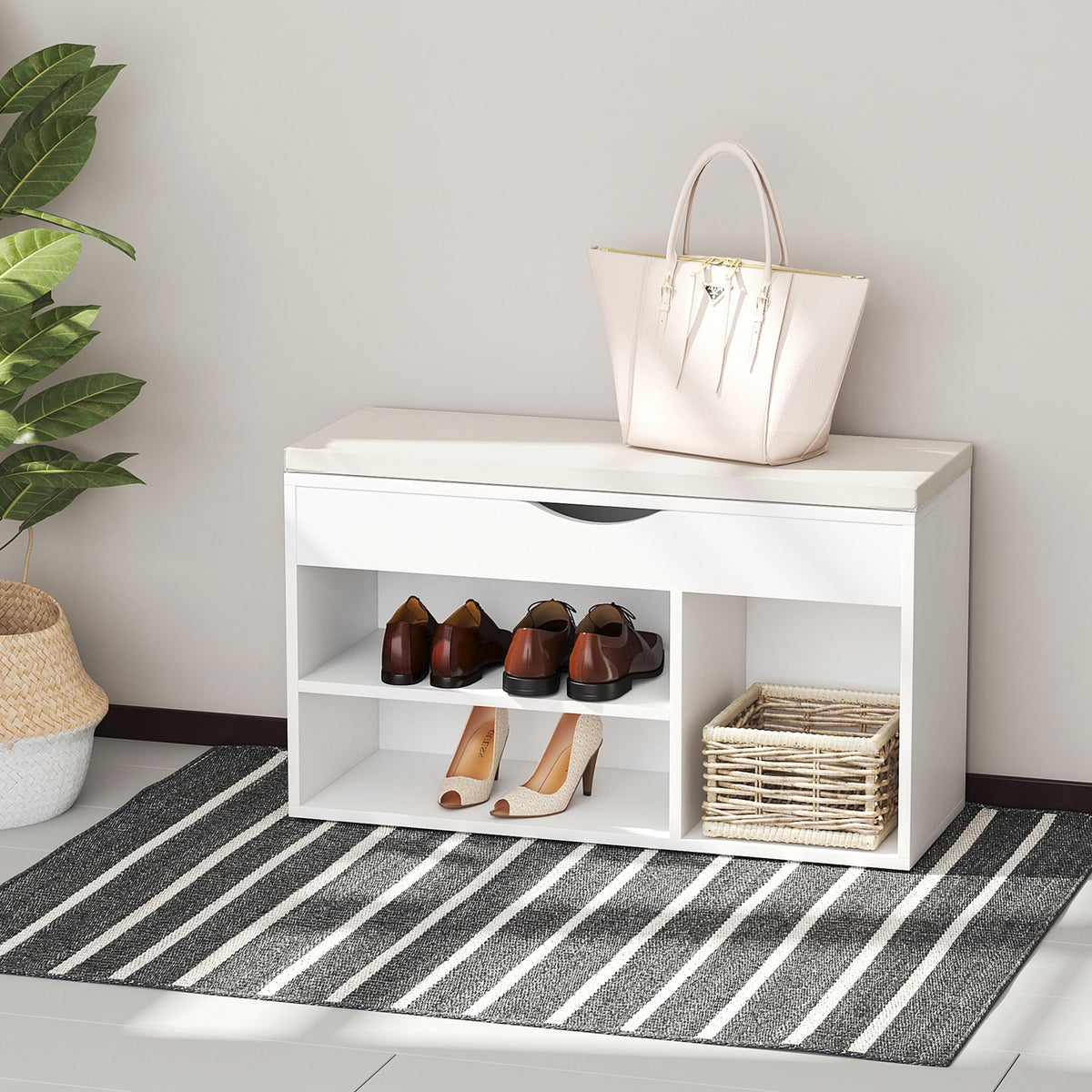 HOMCOM Wooden Shoes Cabinet Bench Hidden Storage Padded Seat Organiser Footwear Rack Hallway White 80 x 30 x 47 cm