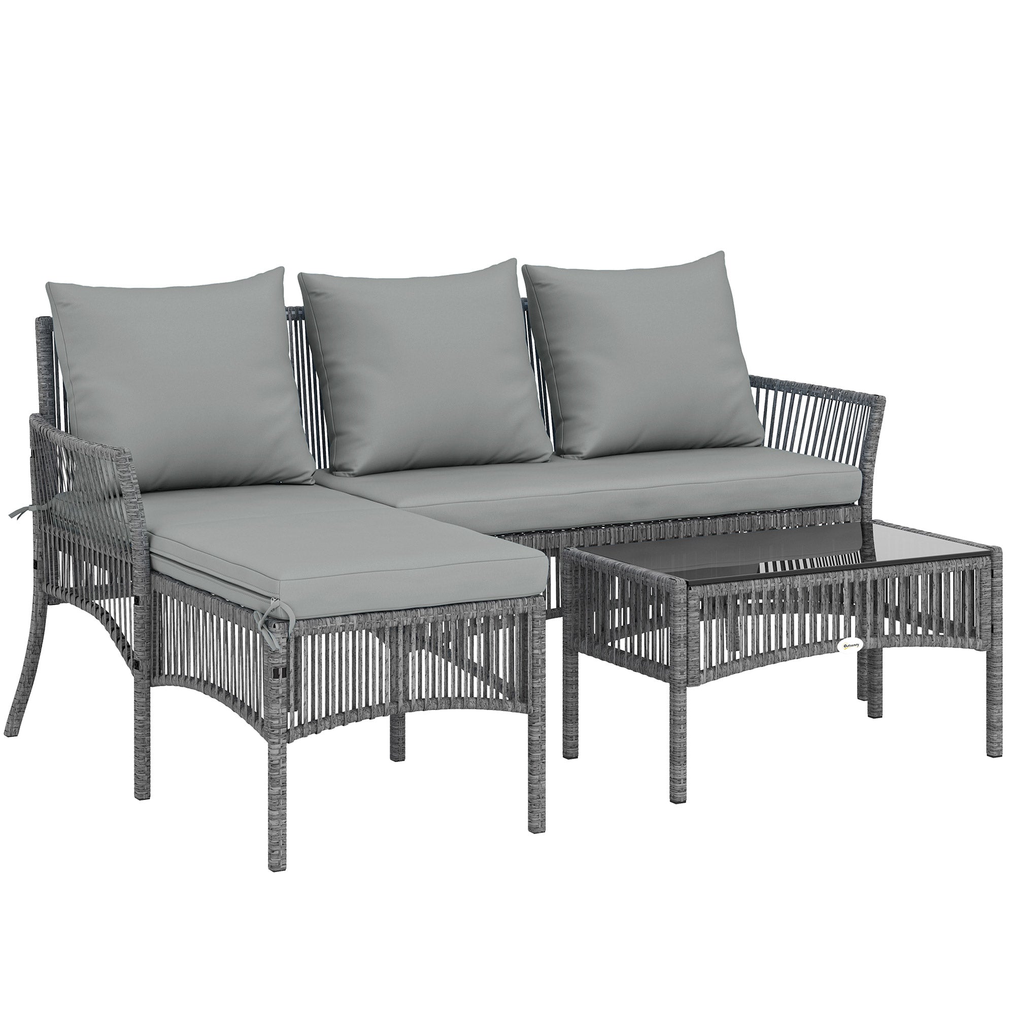 Outsunny 3 Piece Rattan Garden Furniture Corner Sofa Set with Chaise Lounge, Loveseat, Glass Coffee Table, Cushions, Dark Grey