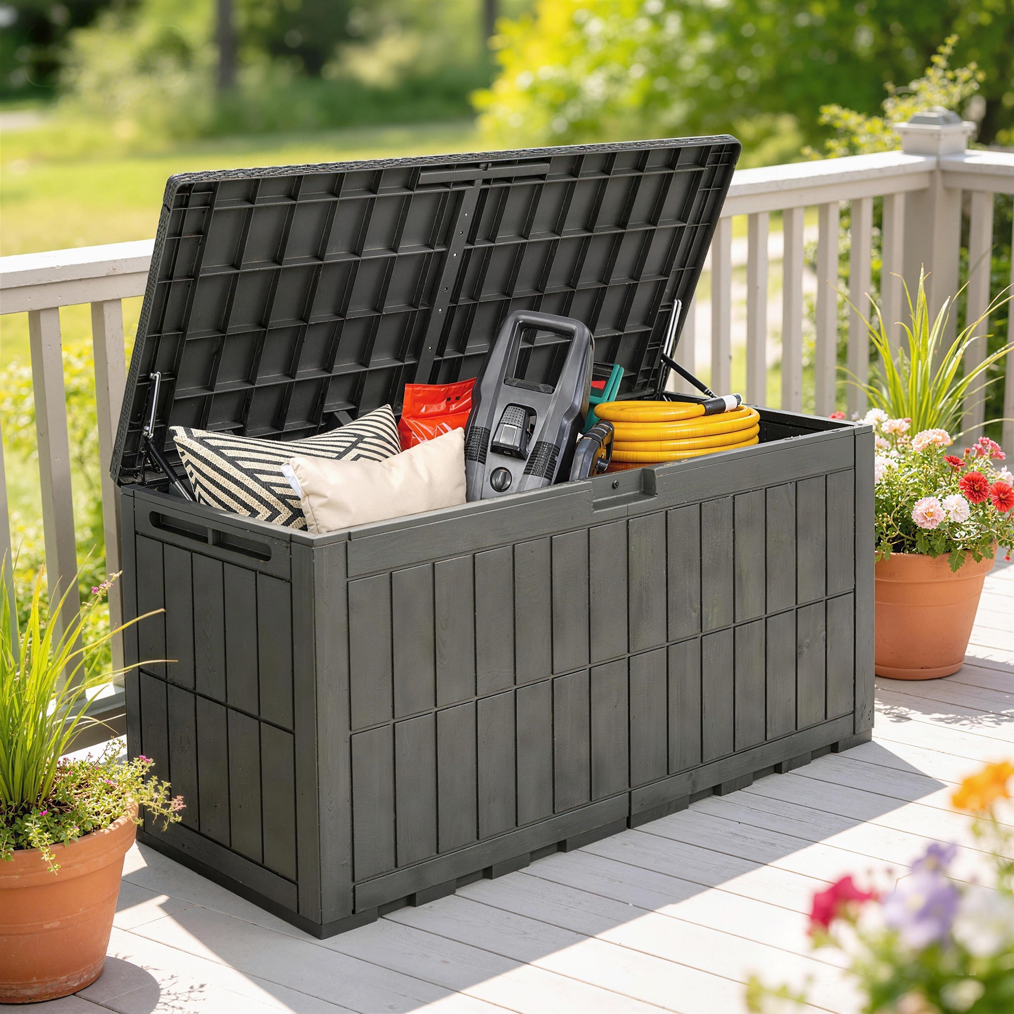 Outsunny 440L Garden Storage Box, Waterproof & UV Resistant Resin Deck Box with Lockable Lid, Pneumatic Gas Rods, Side Handles