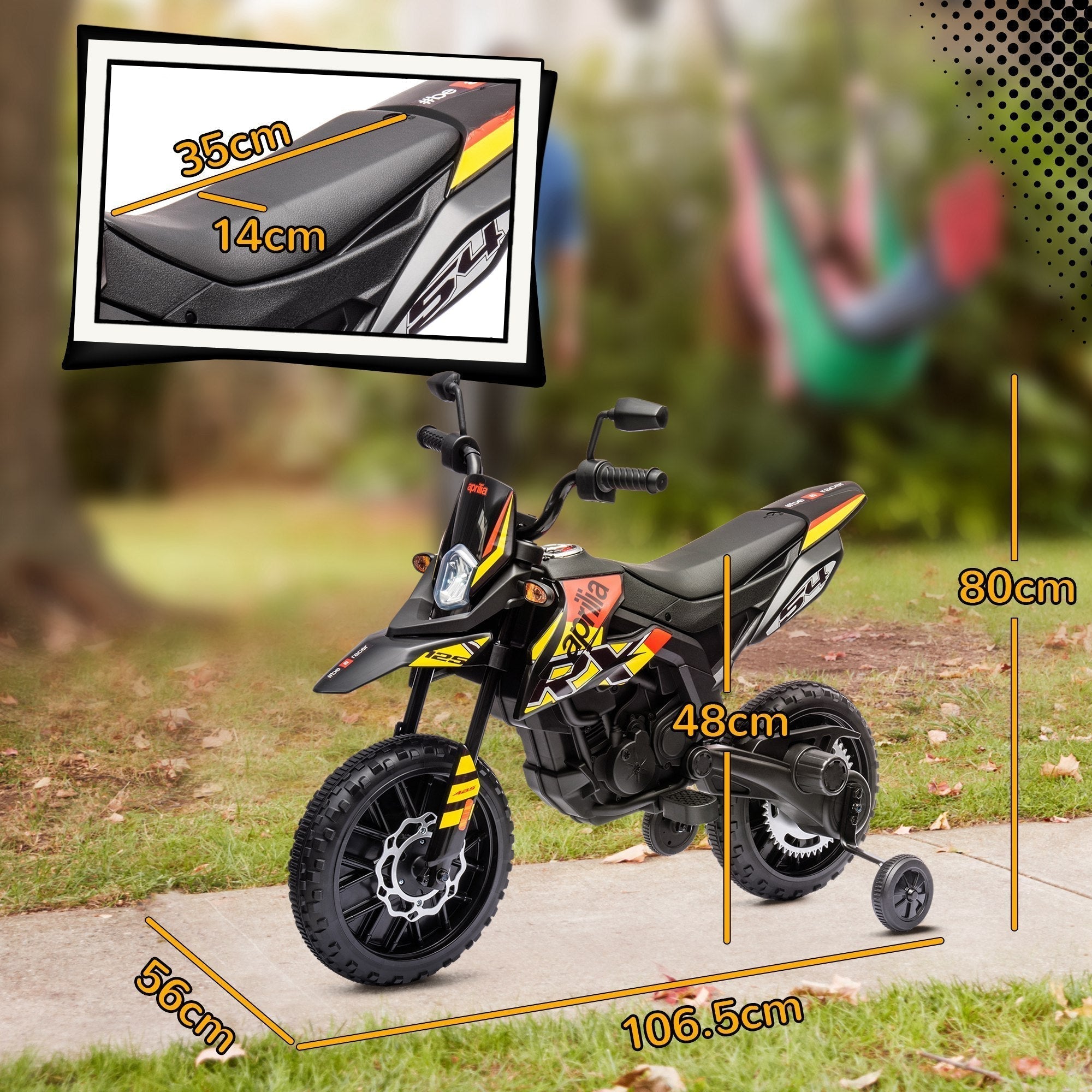 AIYAPLAY 12V Aprilia Licensed Kids Motorbike with Training Wheels, Spring Suspension, LED Headlight, USB, Music, Yellow/black