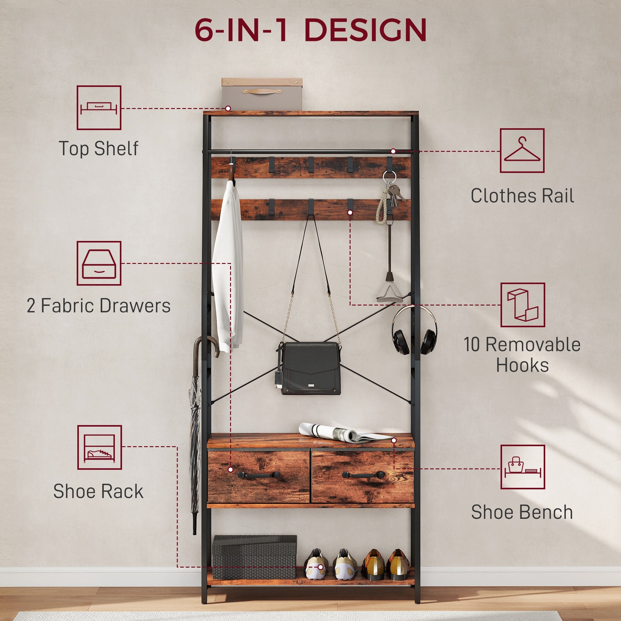 HOMCOM 6-in-1 Industrial-Style Hallway Organiser - Brown/Black