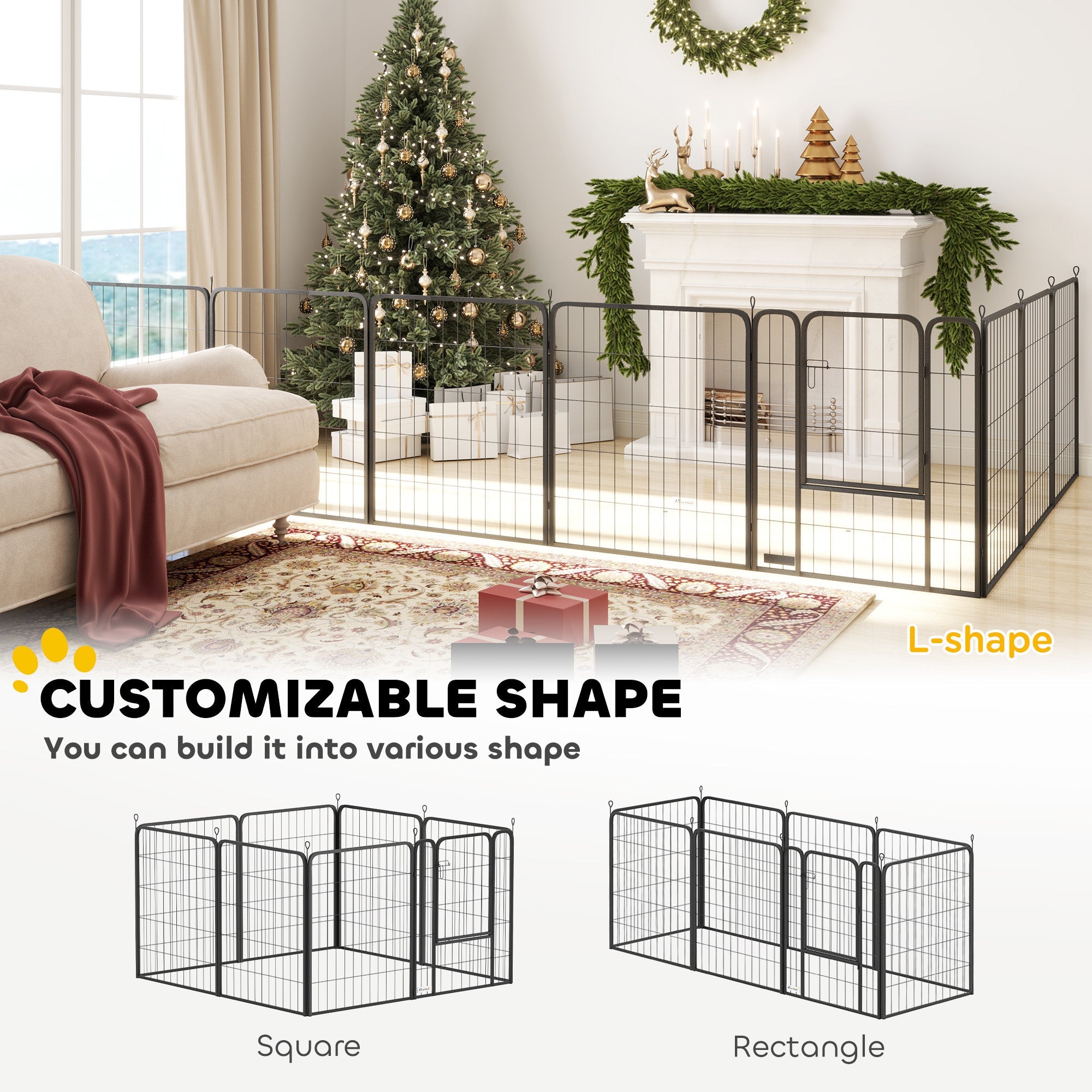PawHut Eight-Panel Dog Playpen with Door, for Large Dogs, Indoors, Outdoors, 100cm Tall, Black