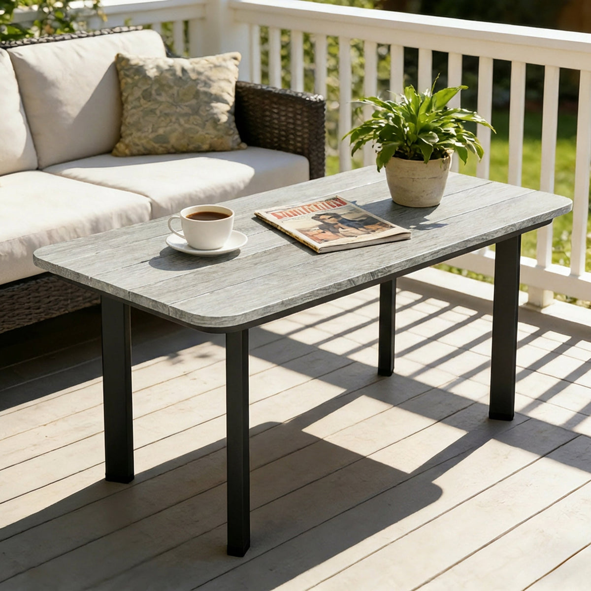 Outsunny Outdoor Garden Coffee Table, Garden Table with Slatted Wood Plastic Composite Top and Metal Frame, Grey