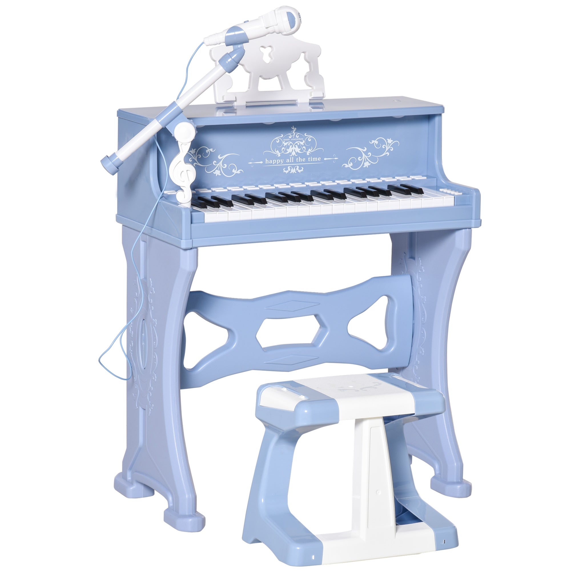 HOMCOM 37 Keys Kids Piano Mini Electronic Keyboard Light Kids Musical Instrument Educational Game Children Grand Piano Toy Set w/Stool & Microphone & Music Stand (Blue)