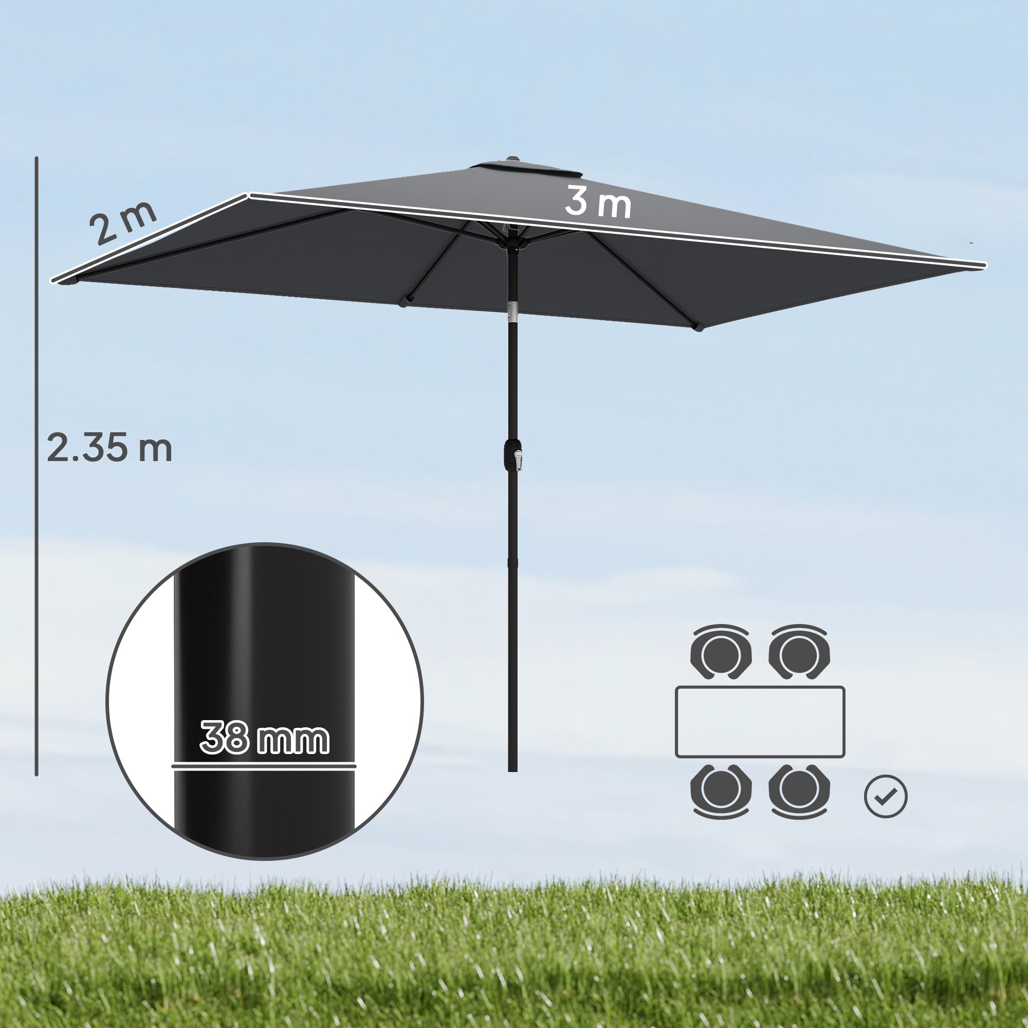 Outsunny Garden Parasol, Parasol Umbrella with Crank Handle, Tilt Function, Polyester Canopy, Dark Grey