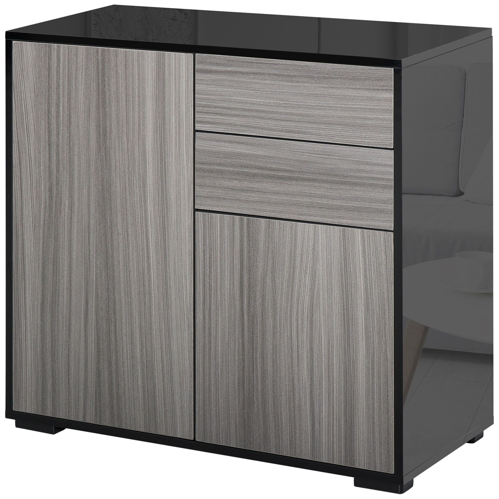 HOMCOM High Gloss Frame Sideboard, Push-Open Design with 2 Drawer for Living Room, Bedroom, 74H x 79W x 36Dcm, Light Grey and Black