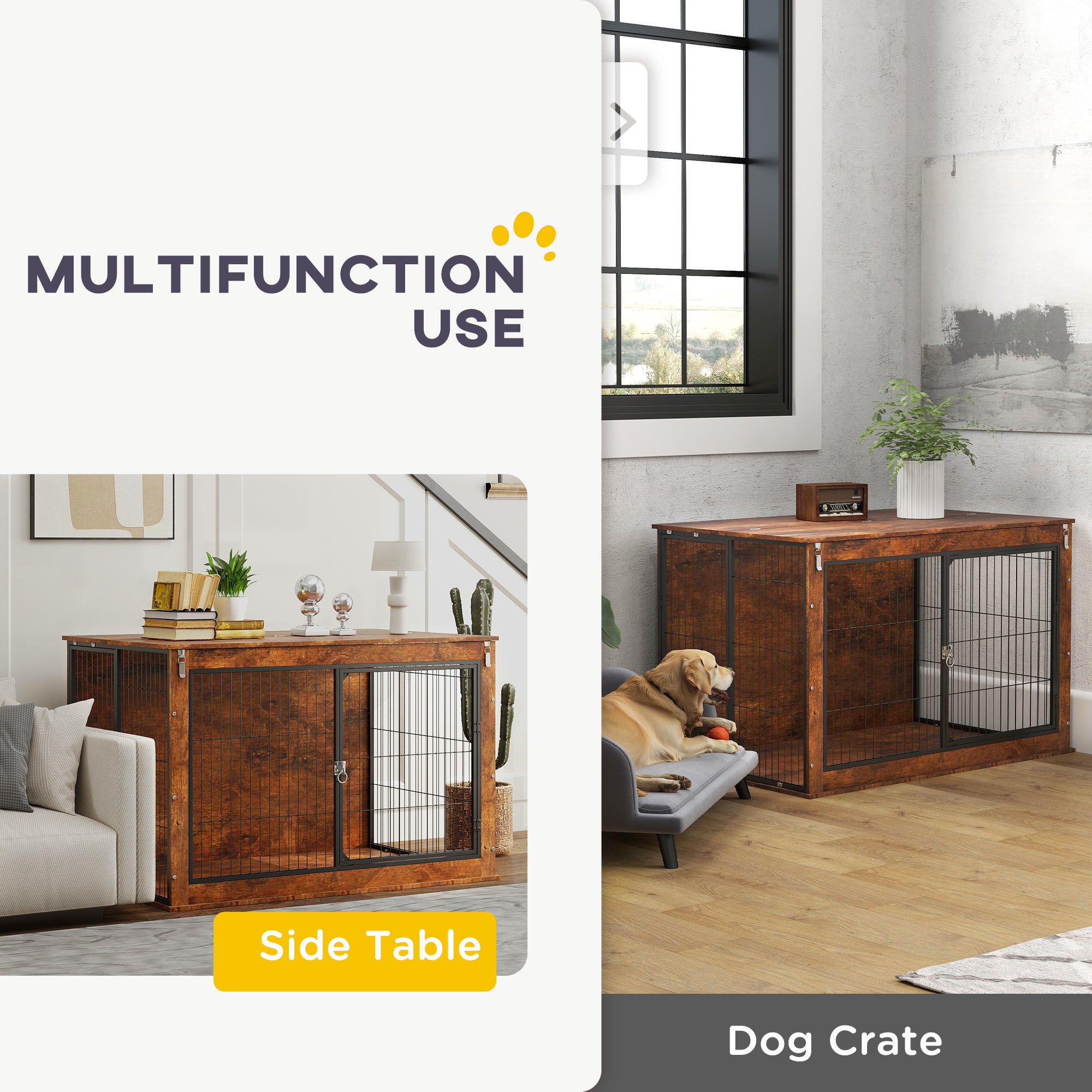 PawHut Dog Crate Furniture with Openable Top, Two Doors, for Extra Large Dogs, Rustic Brown