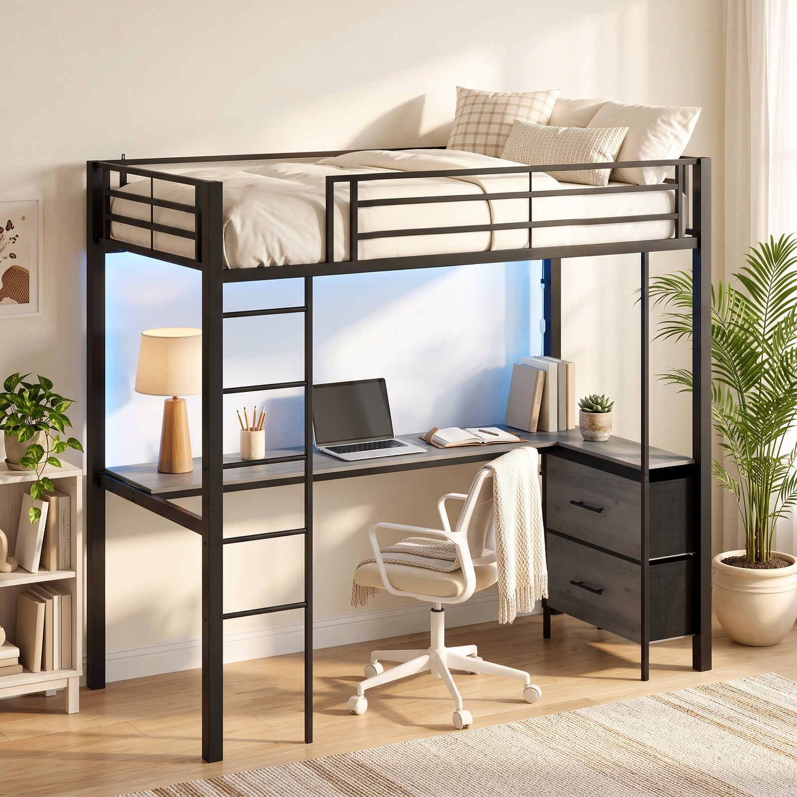 HOMCOM Metal Bunk Bed with Desk, High Sleeper Bed with LED Light and Safety Guardrail for Teens Adults, No Box Spring Needed