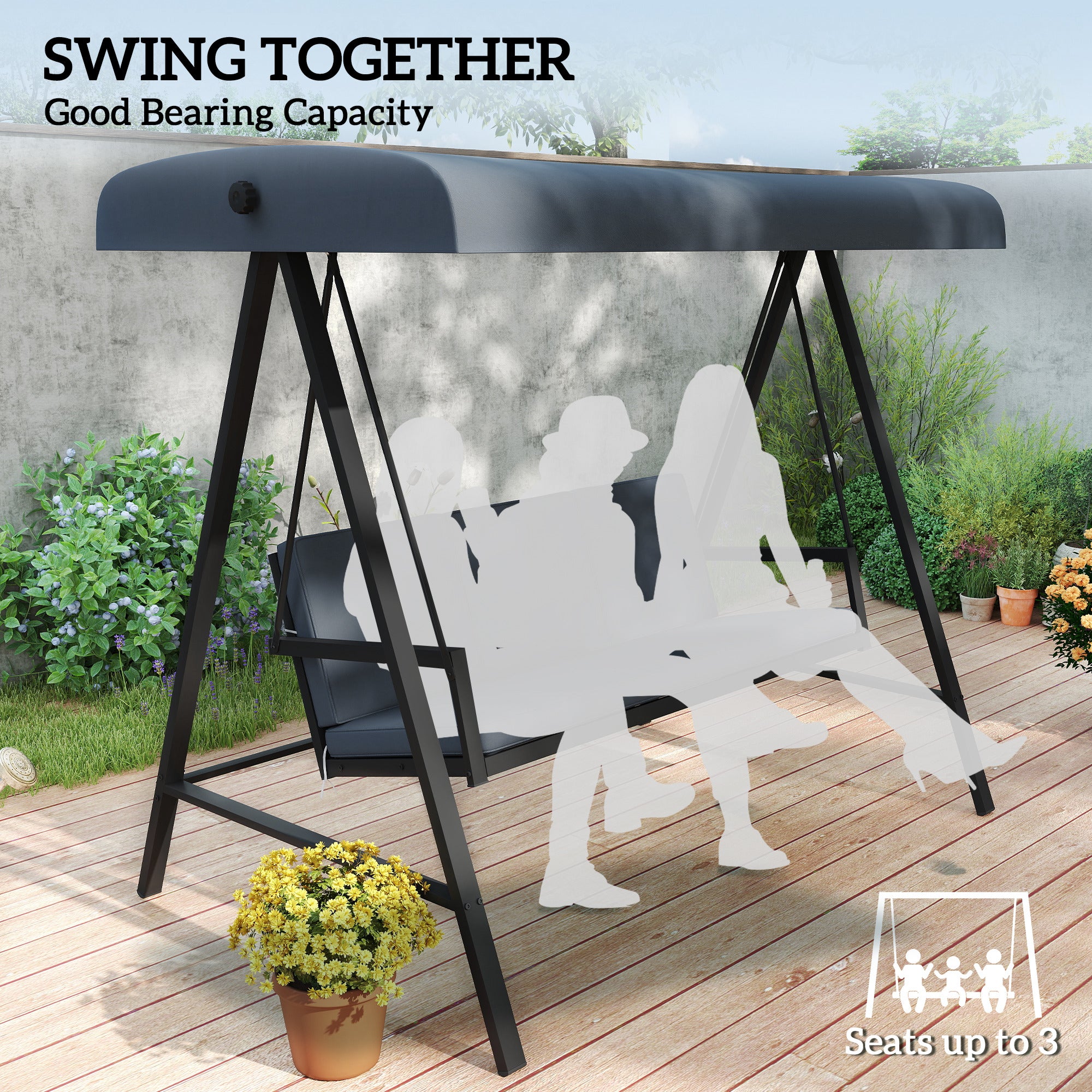 Outsunny Three-Seat Garden Swing Chair, with Adjustable Canopy - Dark Grey