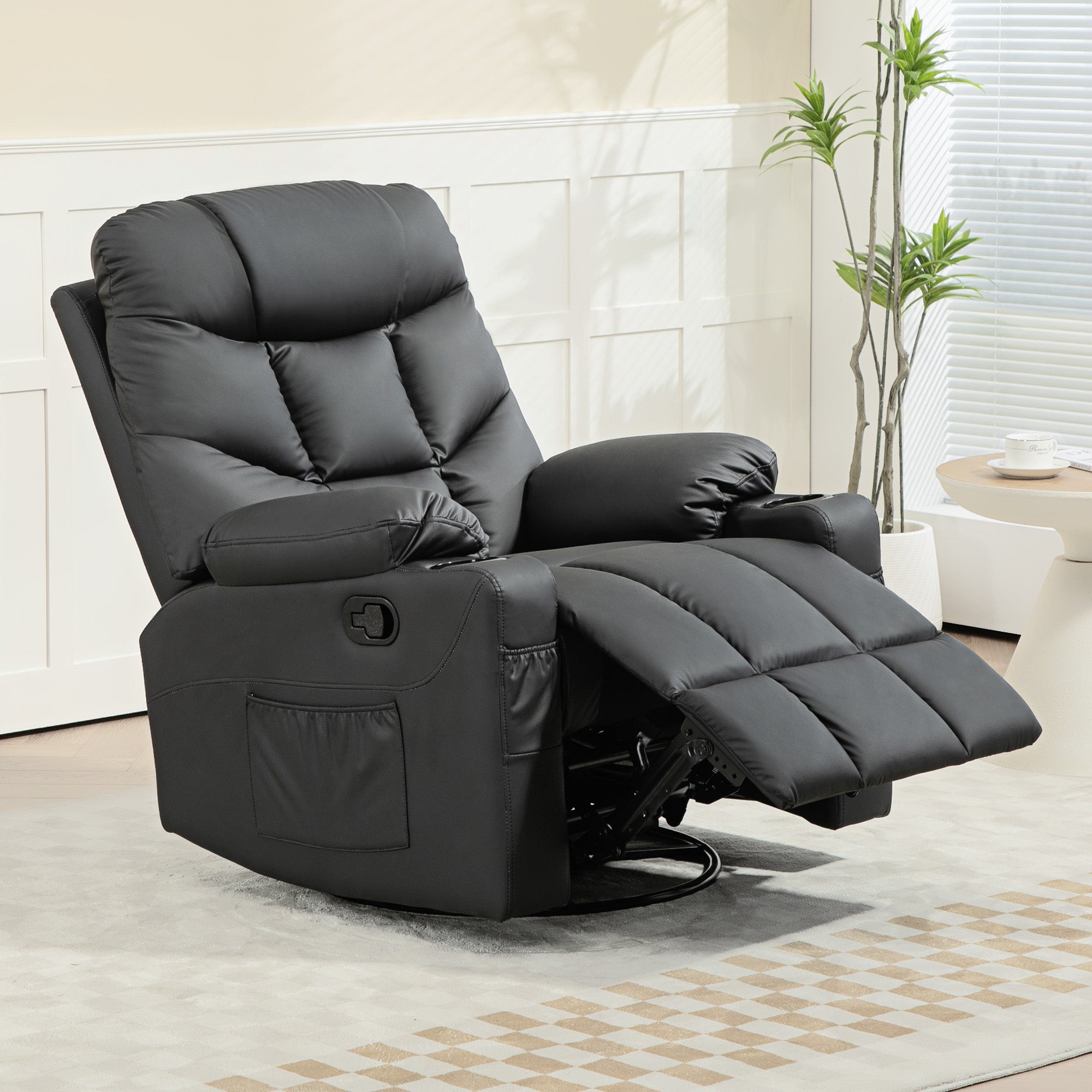 HOMCOM Manual Reclining Chair, Recliner Armchair with Swivel, Faux Leather, Footrest, Cup Holders, 86x93x102cm, Black