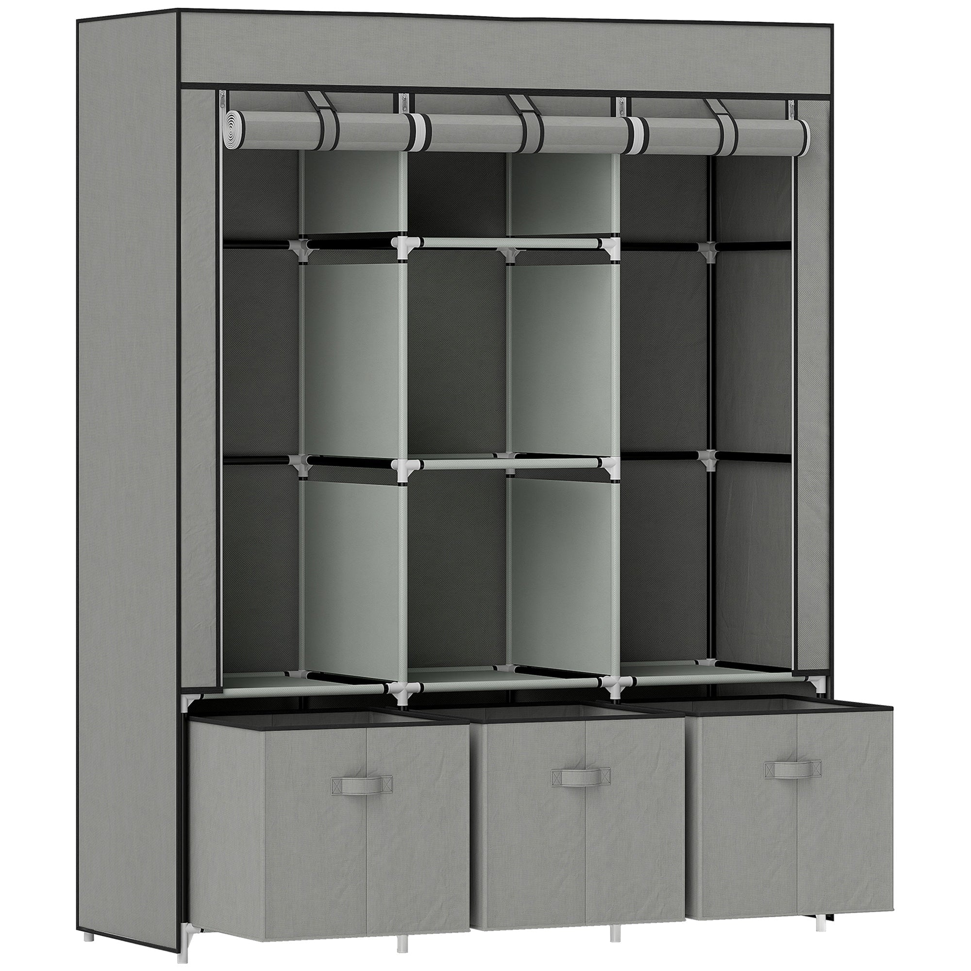 HOMCOM Fabric Wardrobe for Bedroom, Portable Wardrobe with 5 Shelves, 2 Hanging Rails and 3 Fabric Drawers, Foldable Closet, 125 x 43 x 162.5cm, Light Grey