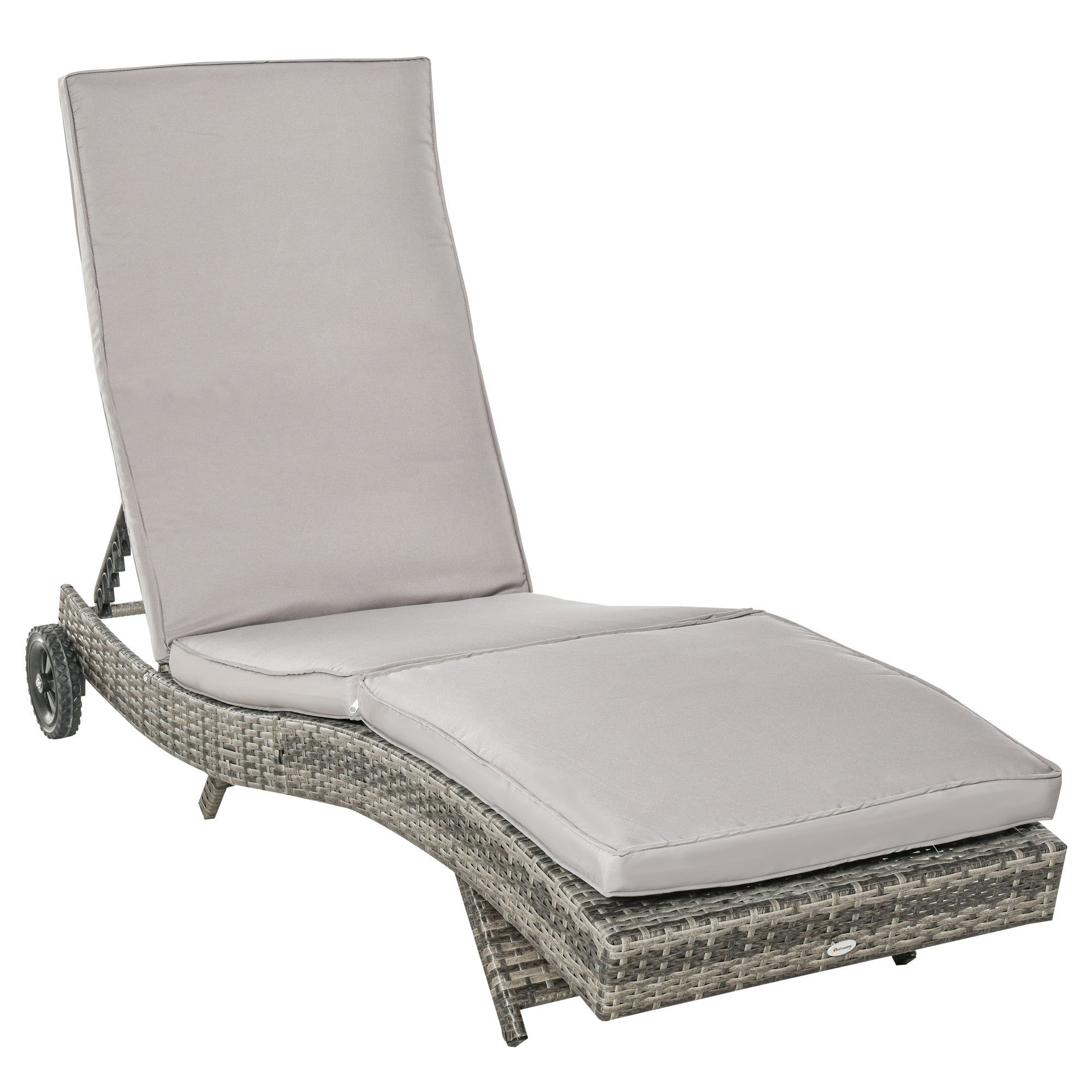 Outsunny Patio Wicker Chaise Lounge Chair, Outdoor PE Rattan Sun Lounger with Adjustable Backrest and 2 Wheels, Grey