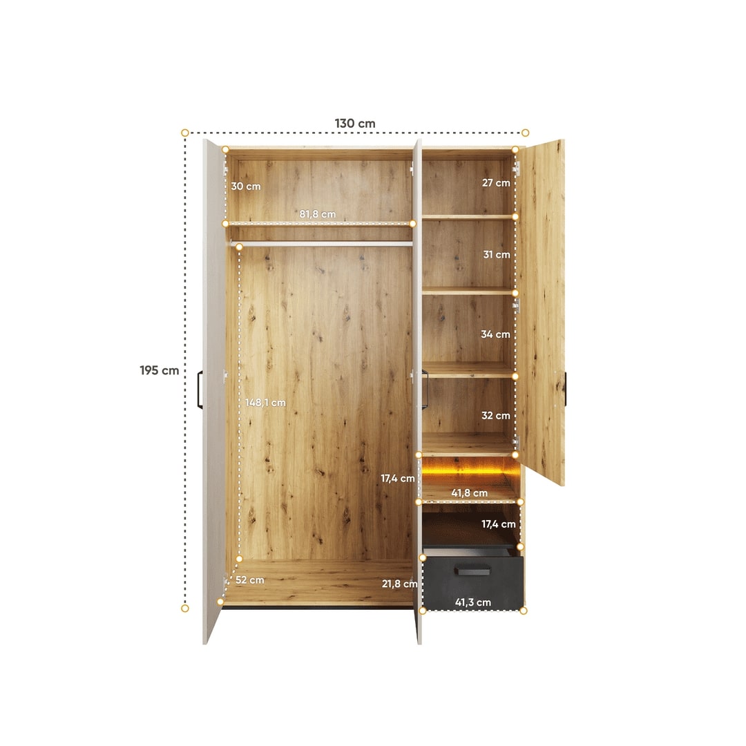 Qubic 02 Hinged Wardrobe 130cm with LED
