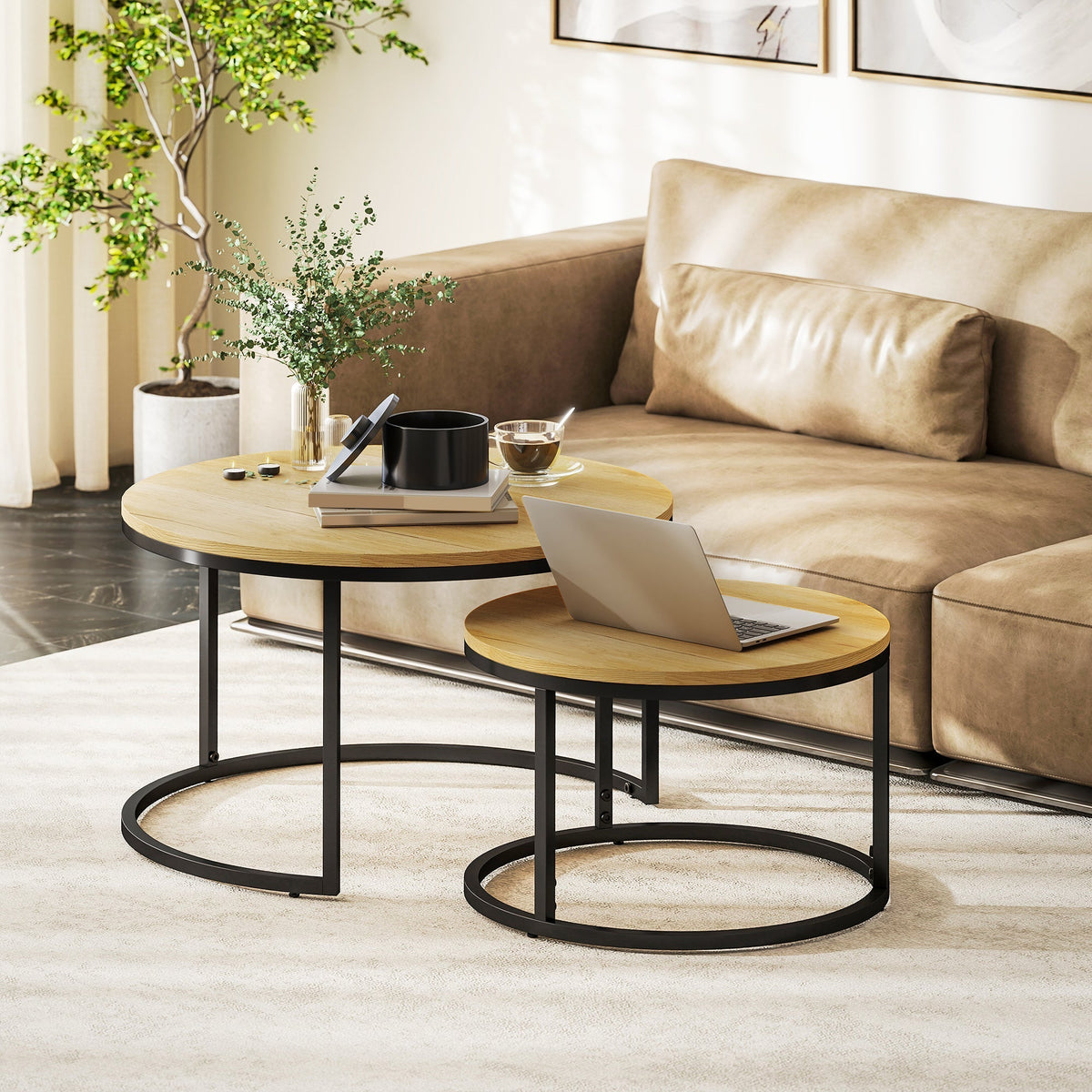 HOMCOM Set of Two Wood-Effect Stacking Tables - Natural