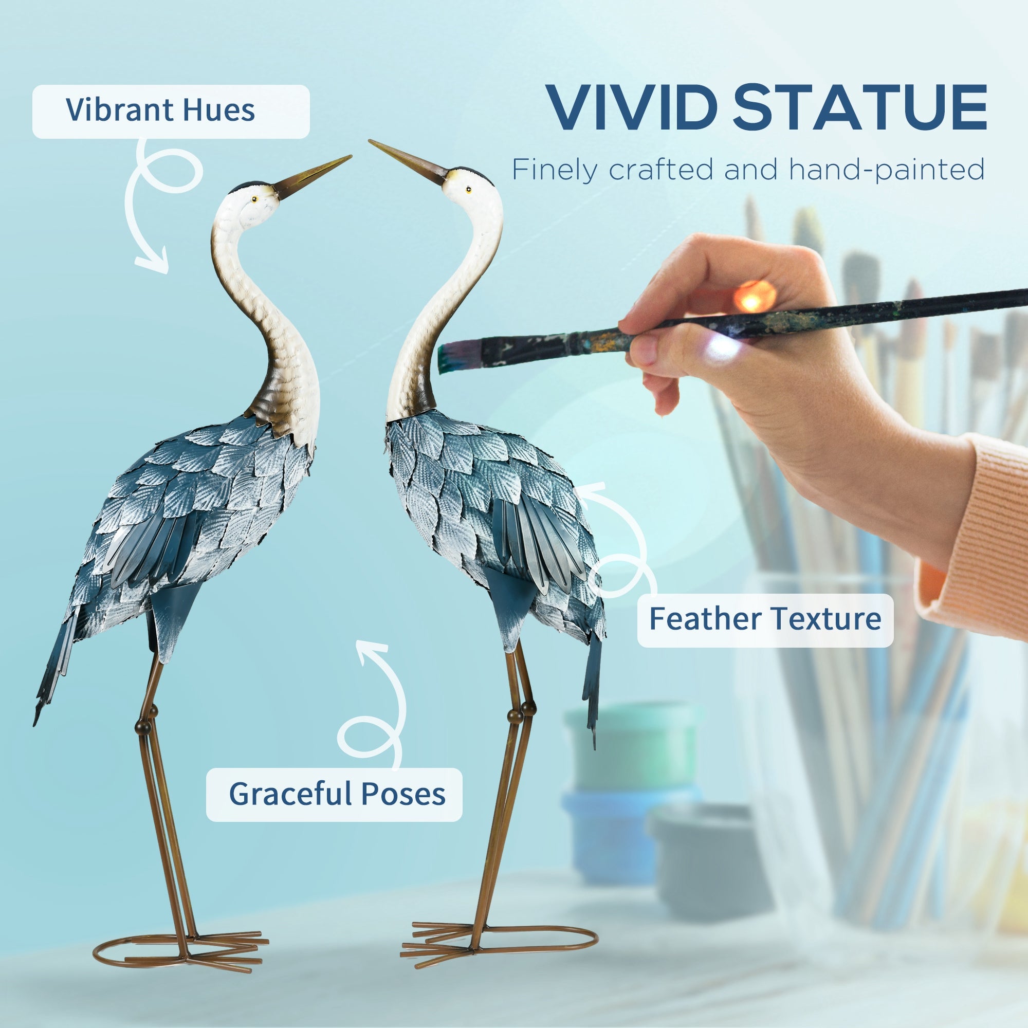 Outsunny Crane Garden Ornaments, 2 PCS Steel Garden Statue Set Gifts, Water and Rust Resistant Sculptures for Patio Pond Landscape Decoration, Multi-Colour
