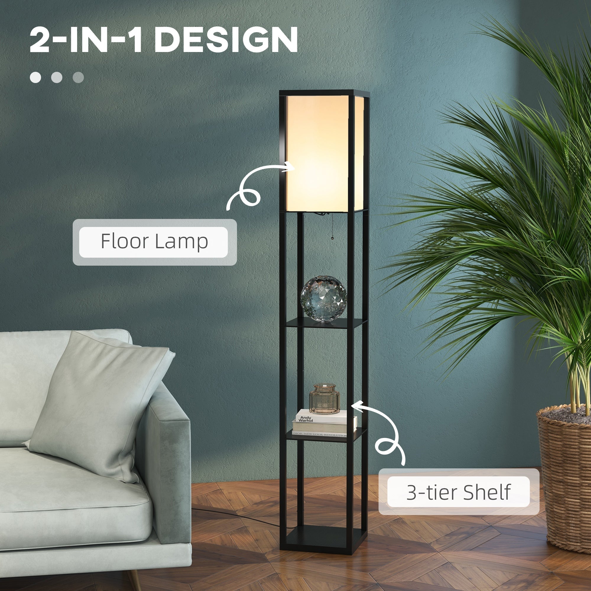 HOMCOM Floor Lamp with Shelves and Top Light, Modern Corner Standing Lamp for Living Room, Bedroom, Bulb not Included, Black