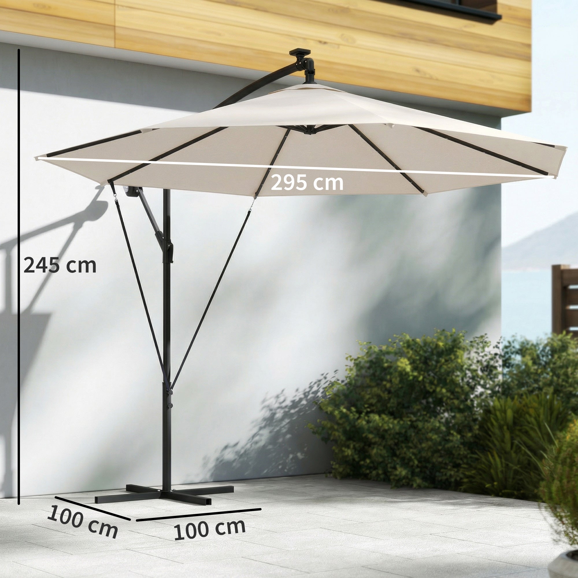 Outsunny 3 m Cantilever Parasol with Solar LED Lights Garden Umbrella with Cross Base, Cream White