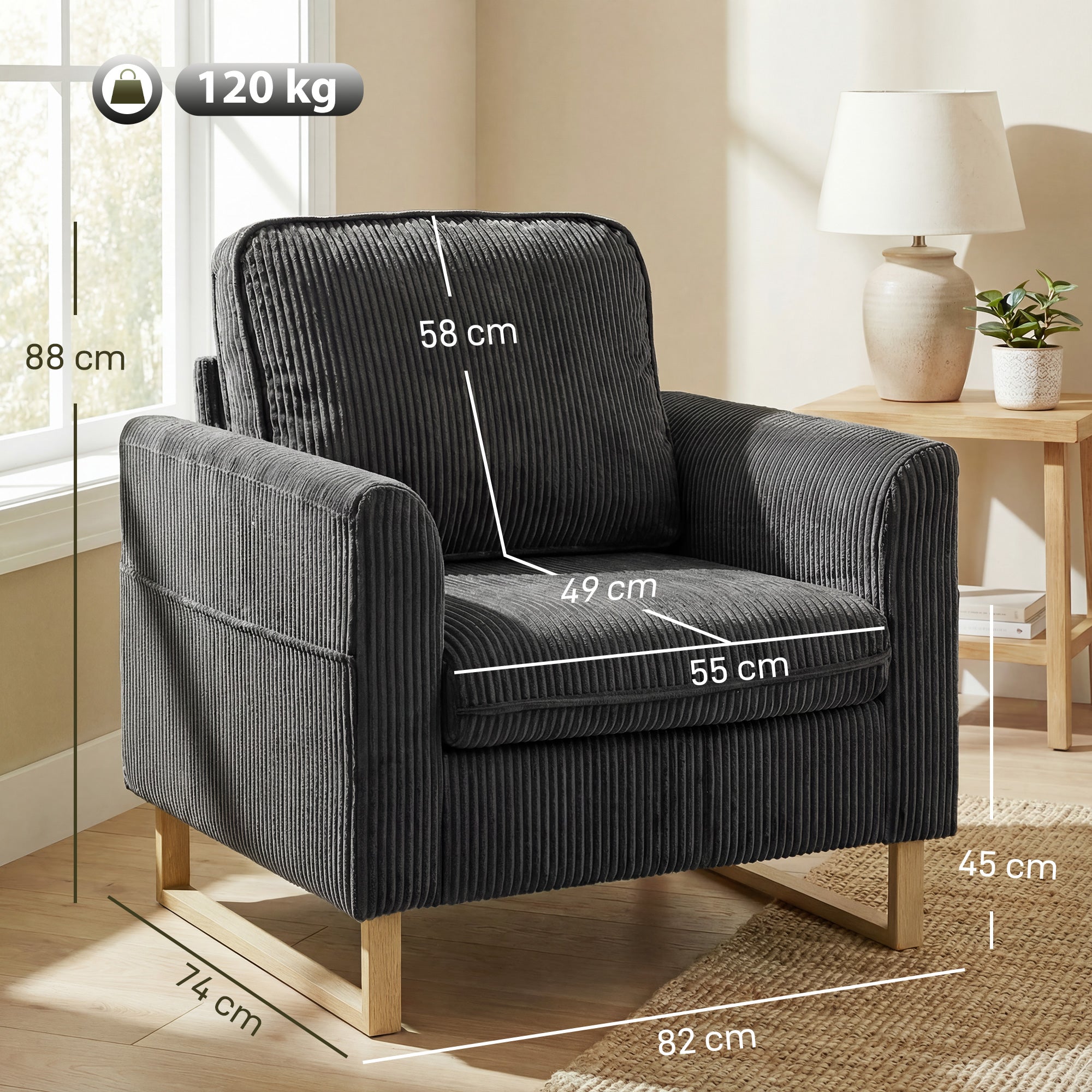 HOMCOM Accent Chair with Pocket Spring, Modern Industrial Armchair with Metal Legs for Livingroom Dark Grey
