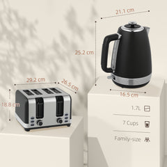 HOMCOM Stainless Steel Kettle and Toaster Set, 1.7L 3000W Rapid Boil Jug Kettle with UK Strix Thermostat, Limescale Filter, 4 Slice Toaster with 7 Browning Controls, Crumb Tray, Black and Silver Tone