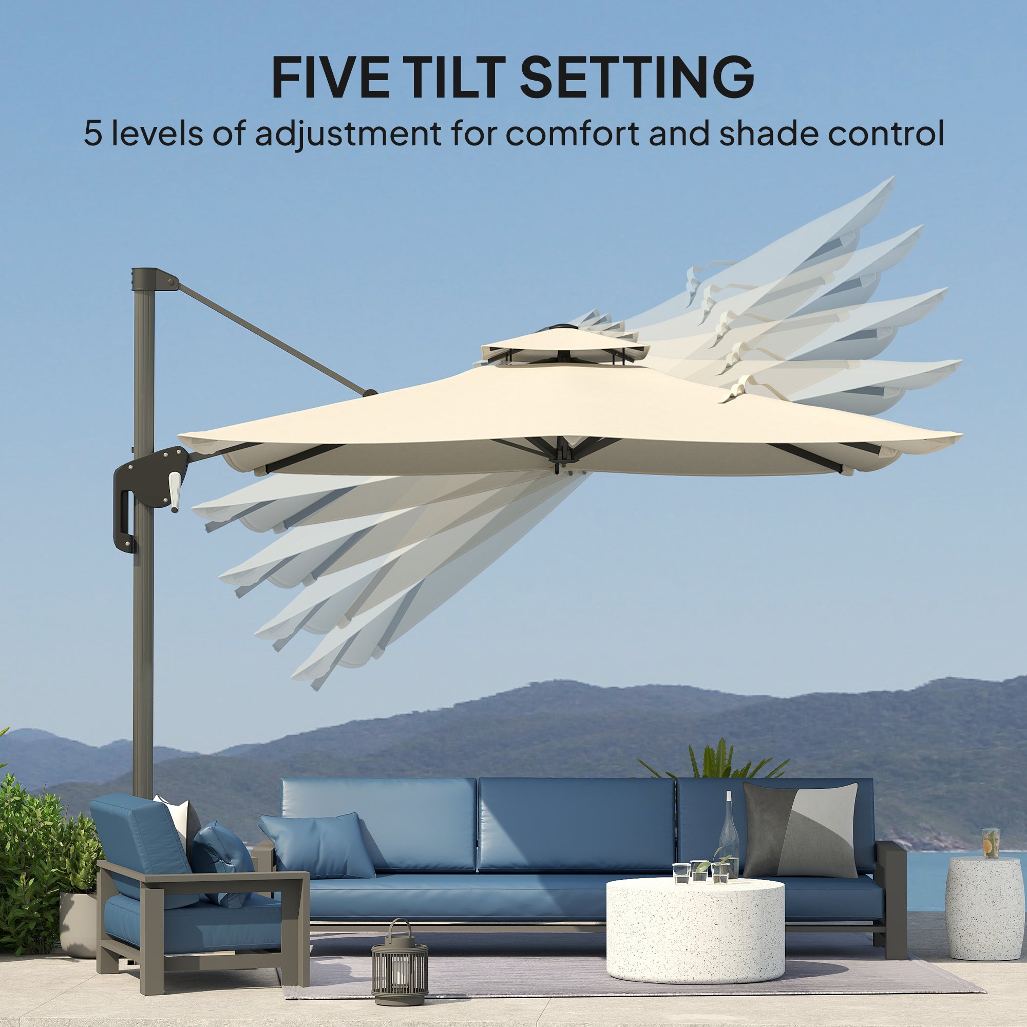 Outsunny 3.7 x 2.7 m Cantilever Parasol w/ 360√Ç¬∞ Rotation and Easy Tilt Adjustment, Aluminium Hanging Offset Outdoor Umbrella w/ Double Top, Cross Base, UPF50+ Hanging Sun Shade, Grey Wood Effect Pole