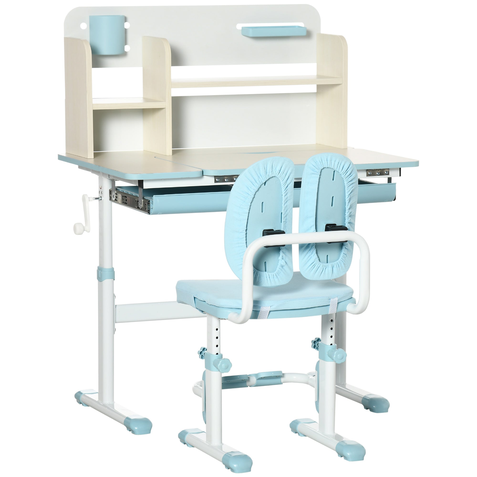 HOMCOM Kids Desk and Chair Set, with Storage Shelves, Washable Cover, for Ages 3-12 Years - Blue