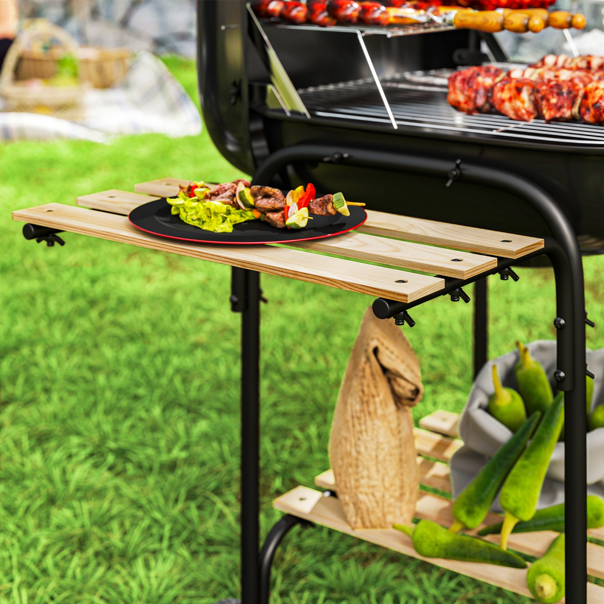 Outsunny Charcoal Barbecue Grill Portable BBQ Grill with 1840 cm√Ç¬≤ Cooking Area, 3 Shelves, Adjustable Vent, Lockable Lid, Wheels for Outdoor Cooking, Garden Party, Black