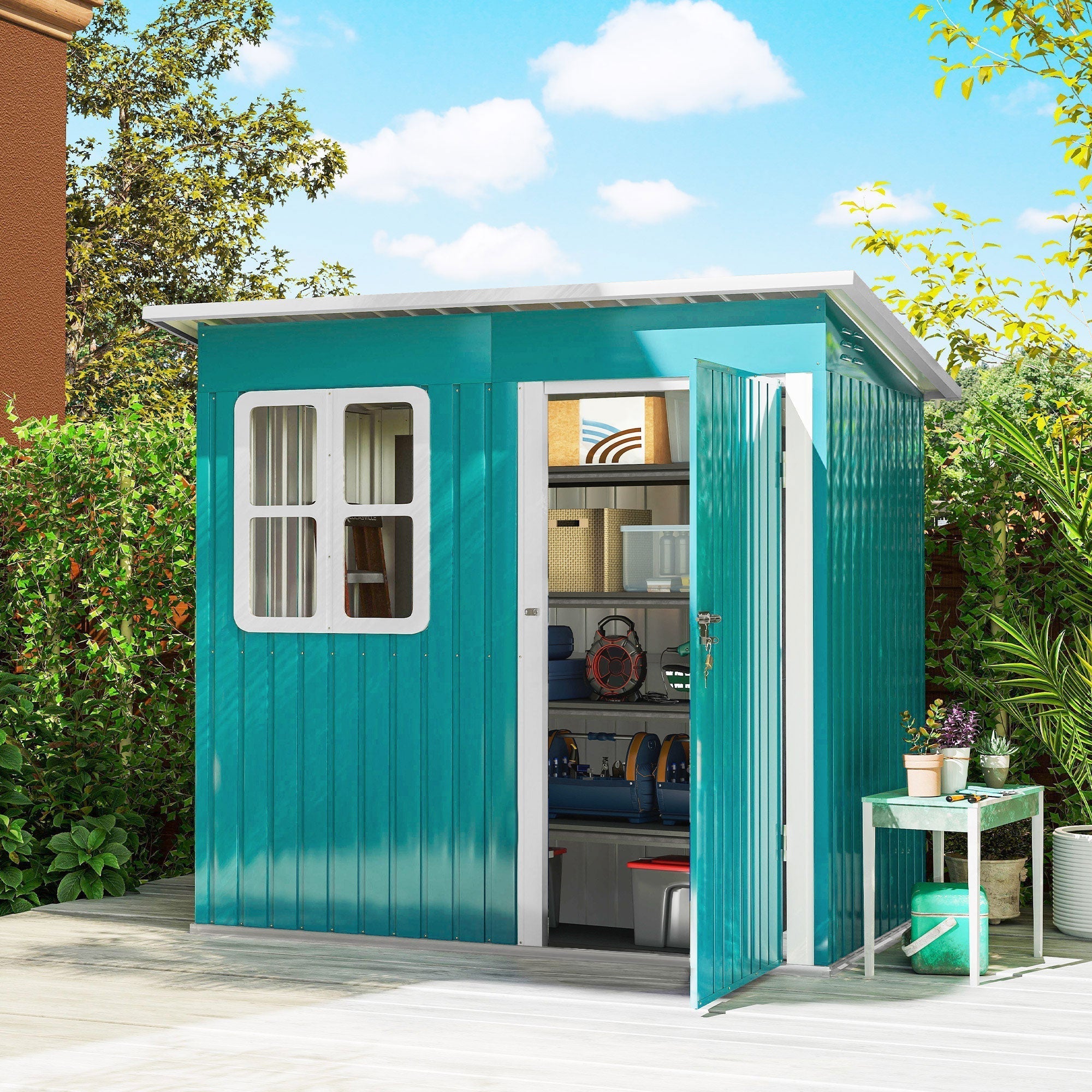 Outsunny 7 x 4ft Galvanised Steel Garden Shed, with Lock and Gloves - Green