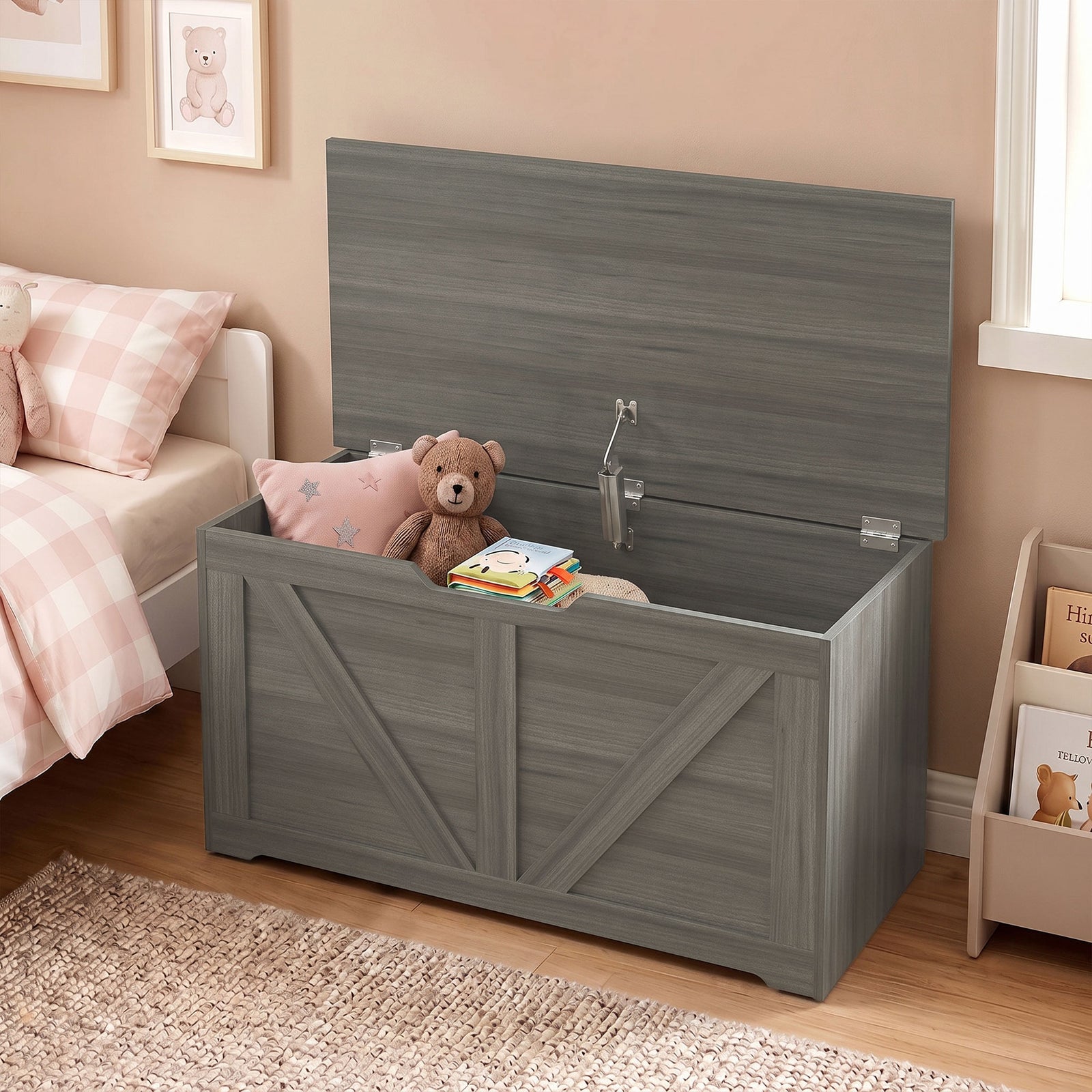 HOMCOM 100L Home Storage Box, with Safety Hinge - Dark Grey Wood-Effect