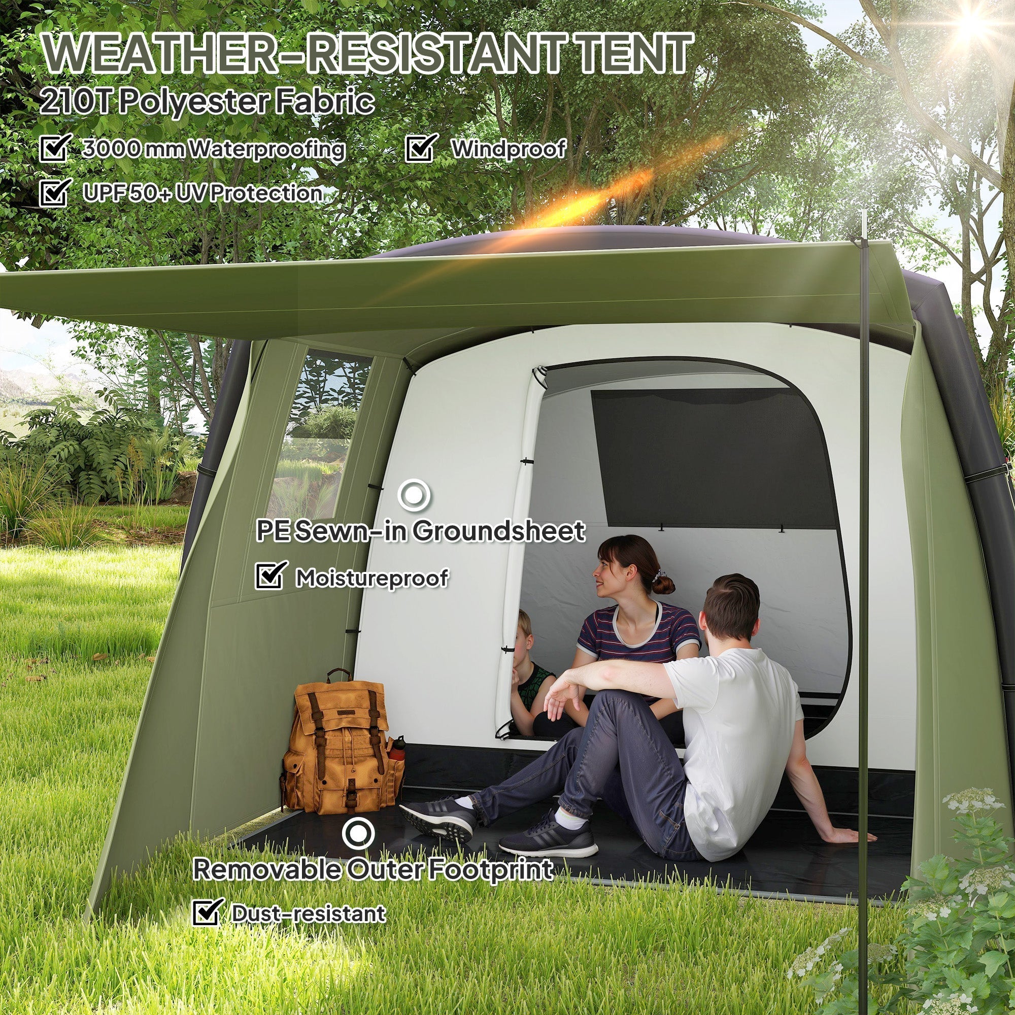 Outsunny Inflatable 3-4 Man Tunnel Tent w/ Air Pump, Living Area & Vestibule, Waterproof Family Camping Air Tent w/ Sewn In Groundsheet & Removable Footprint for Camping, Hiking, Olive Green