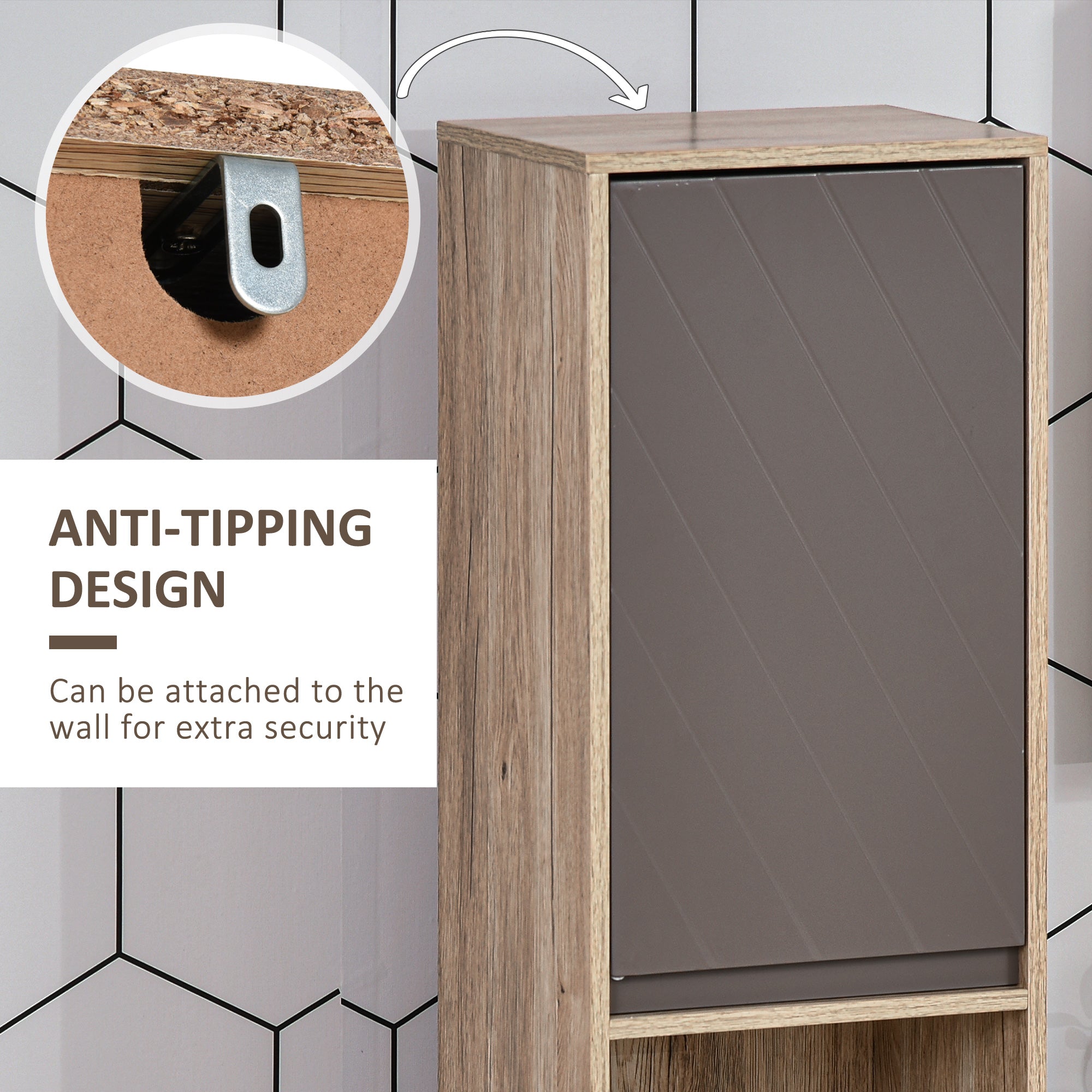 HOMCOM Narrow Bathroom Cabinet, Slim Bathroom Storage Unit with Open Compartment, Freestanding Storage Cupboard with Adjustable Shelves for Small Spaces, 30 x 24 x 170 cm, Grey and Oak