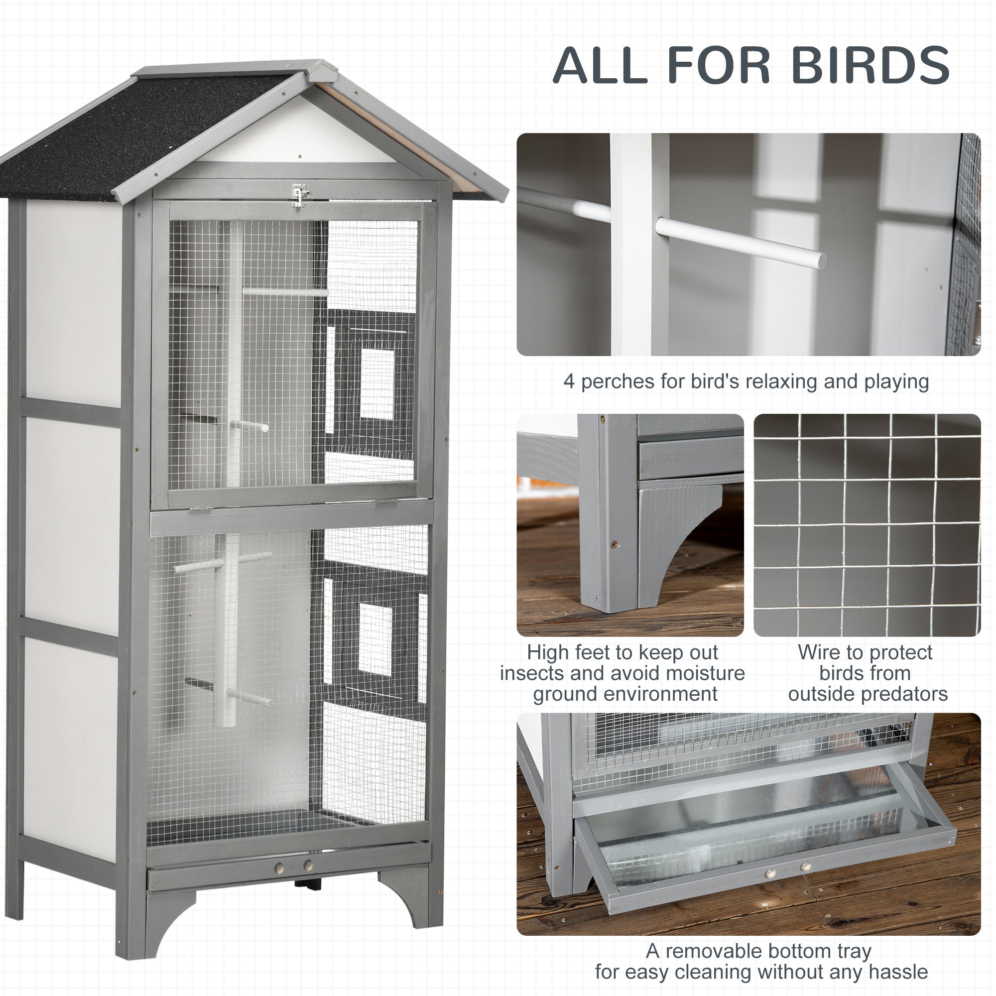 PawHut Wooden Outdoor Bird Cage, for Finches and Canaries, with Removable Tray, Asphalt Roof - Grey