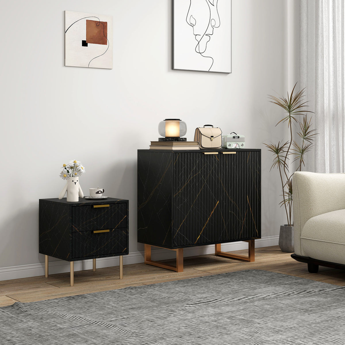 HOMCOM Sideboard, Accent Cabinet with Marble Effect, Adjustable Shelf, Fluted Doors and Drawers, Black