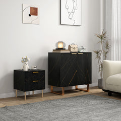 HOMCOM Sideboard, Accent Cabinet with Marble Effect, Adjustable Shelf, Fluted Doors and Drawers, Black