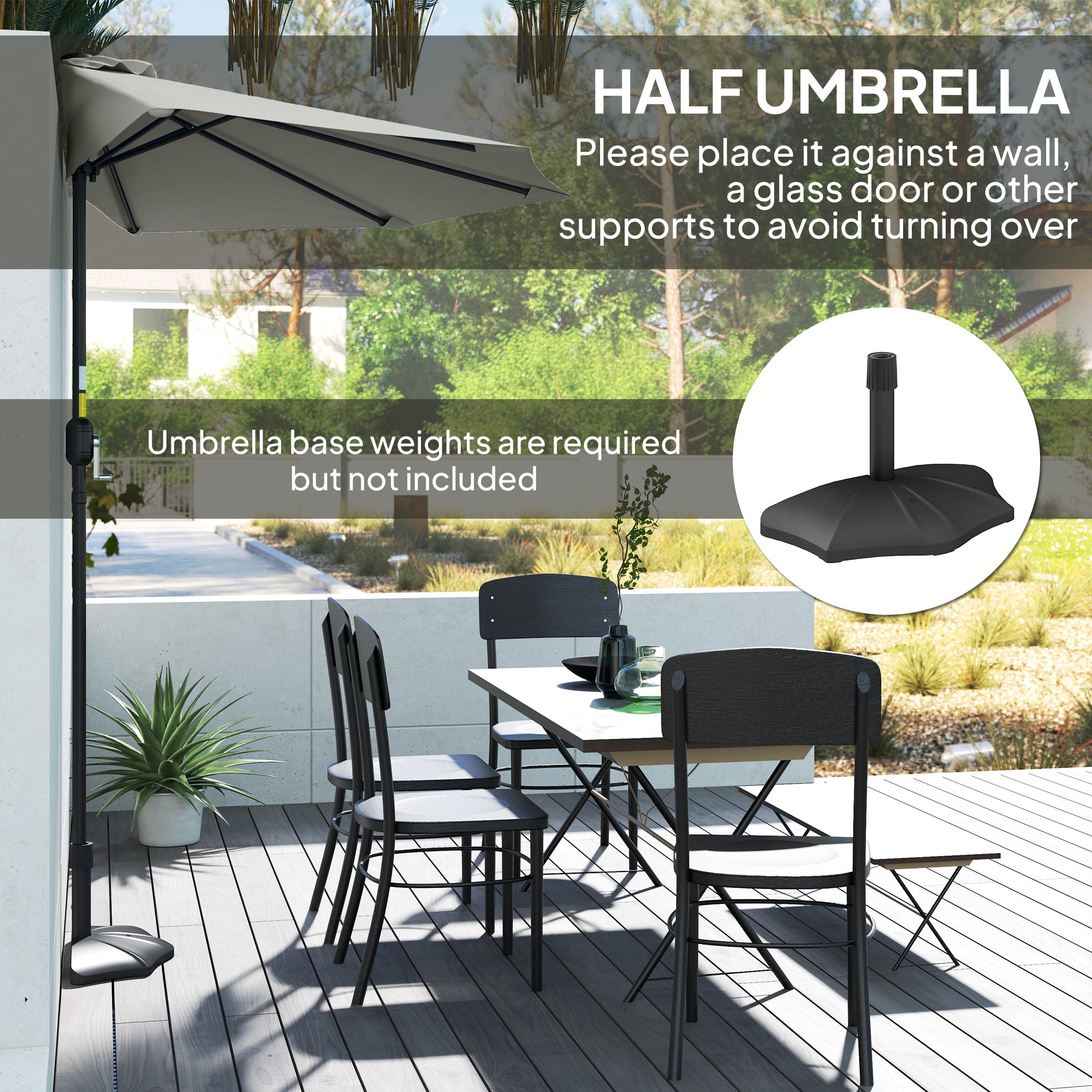 Outsunny Half Round Parasol Umbrella - Light Grey