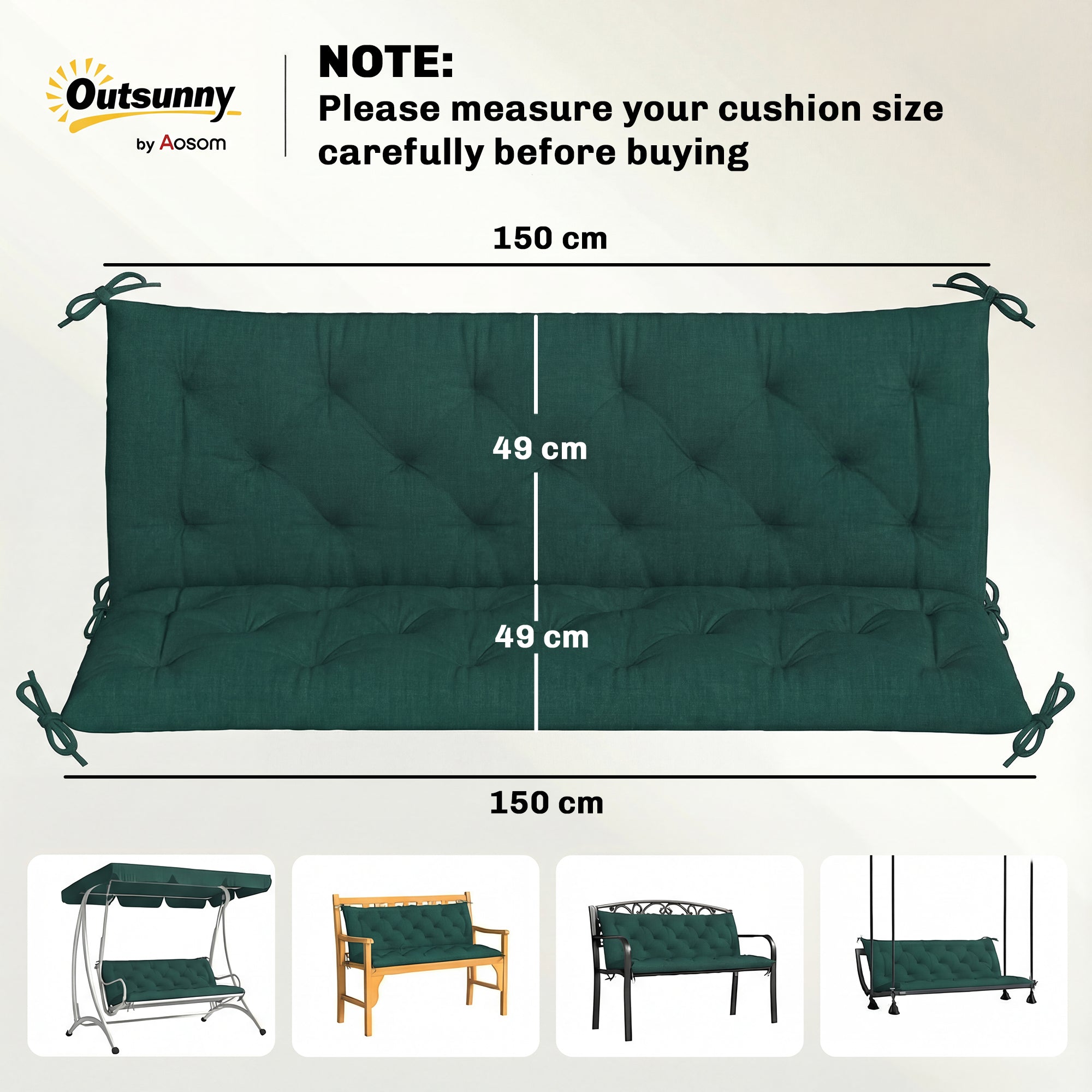 Outsunny 3 Seater Bench Cushion, Garden Chair Cushion with Back and Ties for Indoor and Outdoor Use, 98 x 150 cm, Green
