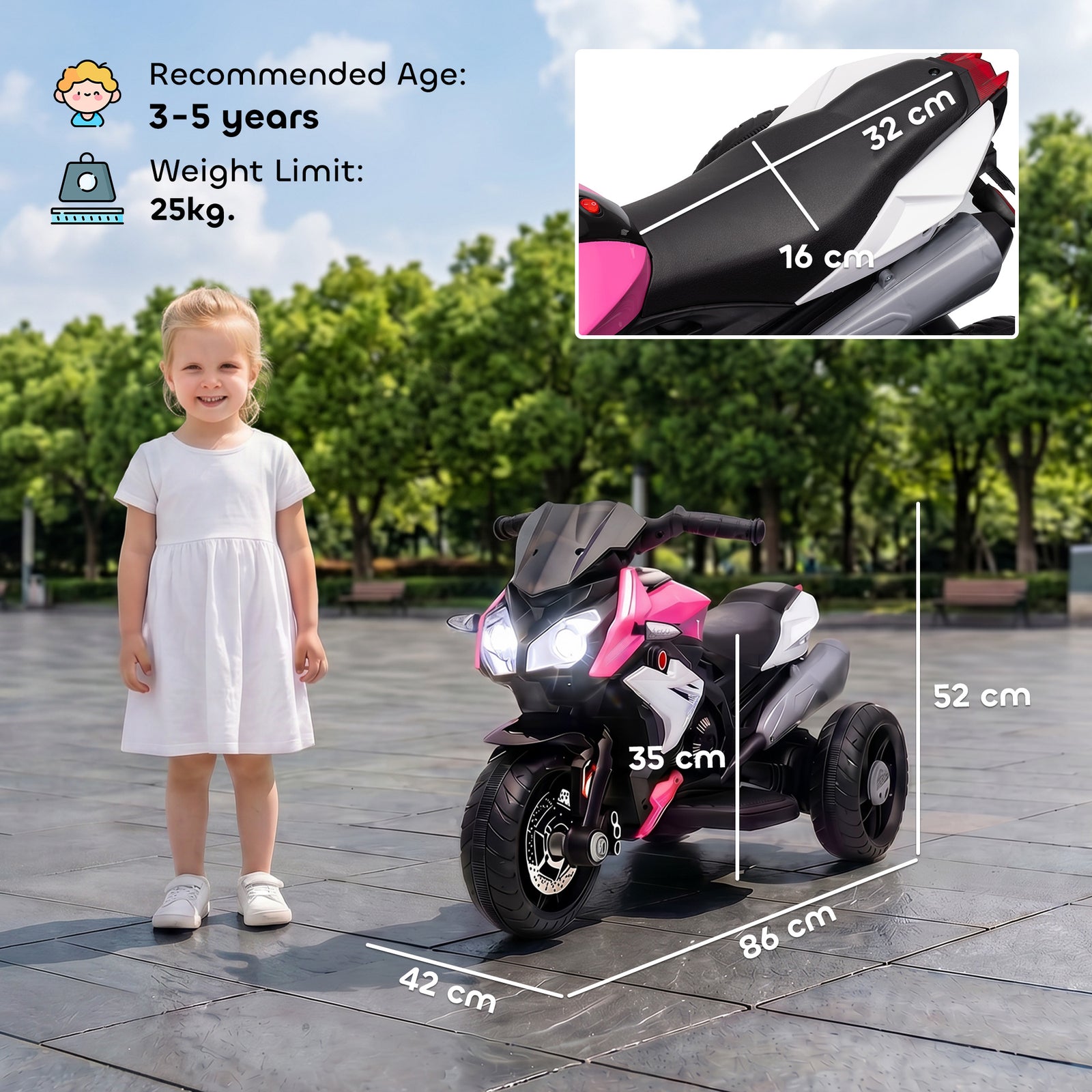 HOMCOM Kids Electric Motorcycle, 6V Ride on Motorcycle with 3 Wheels, LED Headlight, Music, Horn for Boys Girls 3-5 Years, Pink
