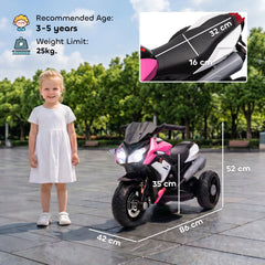 HOMCOM Kids Electric Motorcycle, 6V Ride on Motorcycle with 3 Wheels, LED Headlight, Music, Horn for Boys Girls 3-5 Years, Pink