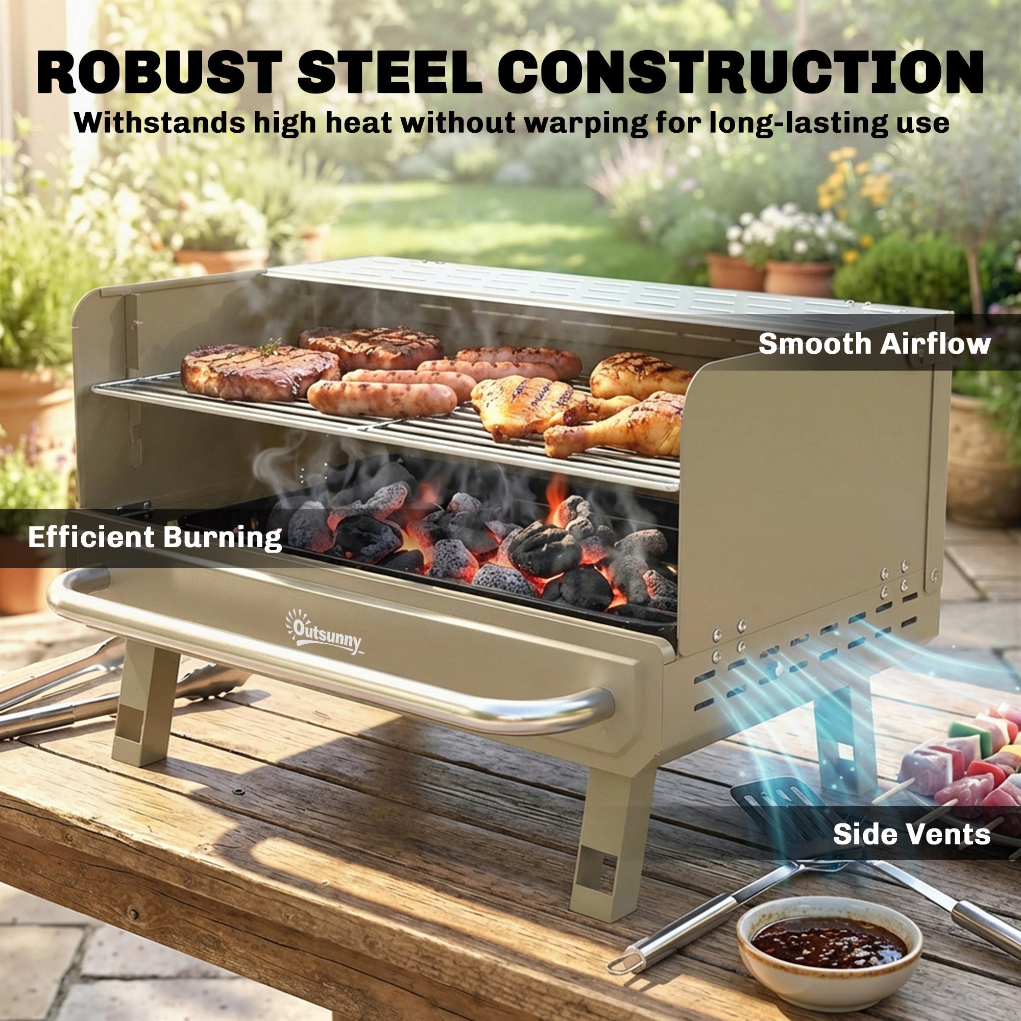 Outsunny Portable BBQ Grill, Charcoal Barbecue Grill with Adjustable Grates, Foldable Legs, Side Shelf for Camping Travel, Khaki