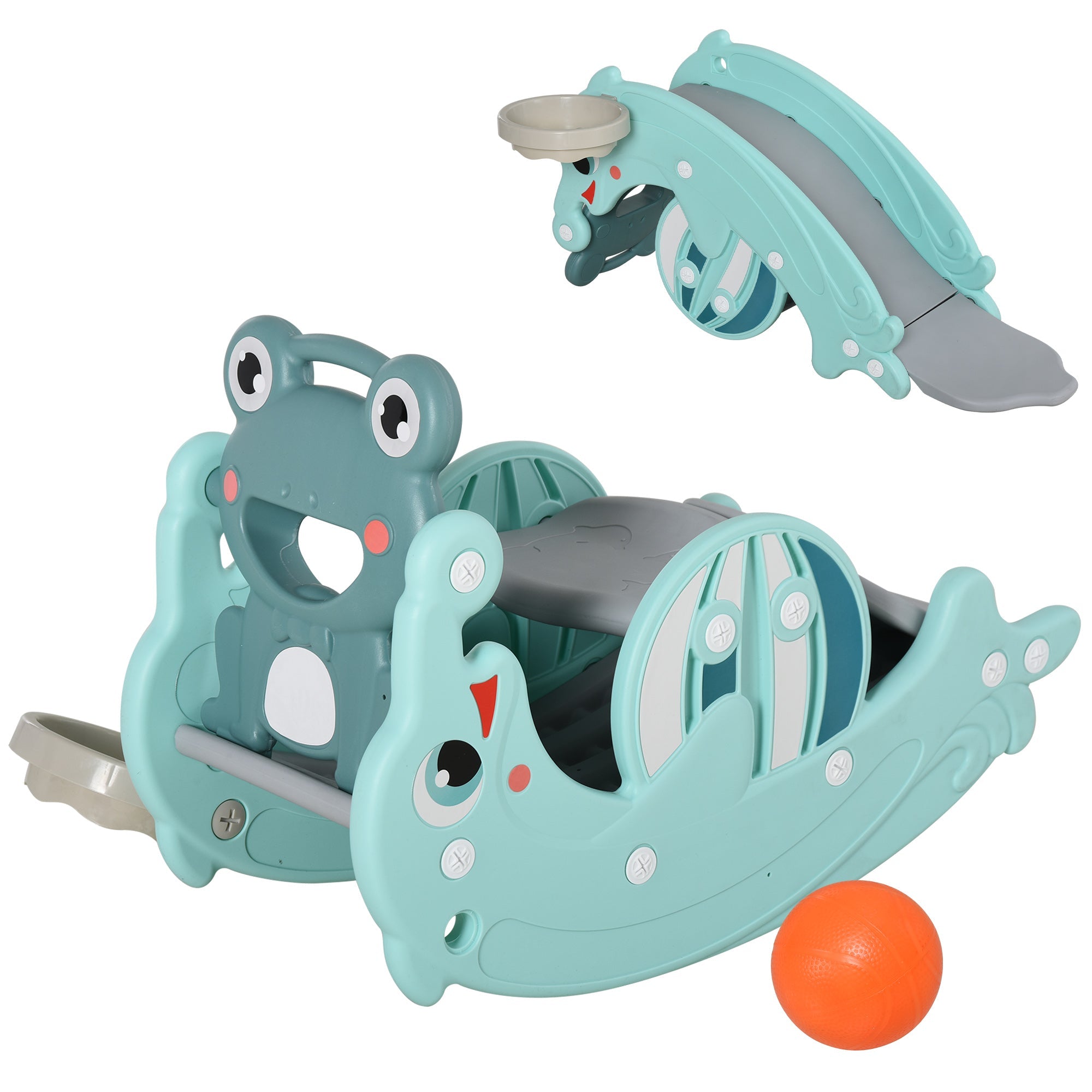HOMCOM 3-in-1 Baby Rocking Horse Portable Slide Basketball Hoop Equipment Indoor Outdoor Playground Toy, Age 18-36 Months, Green