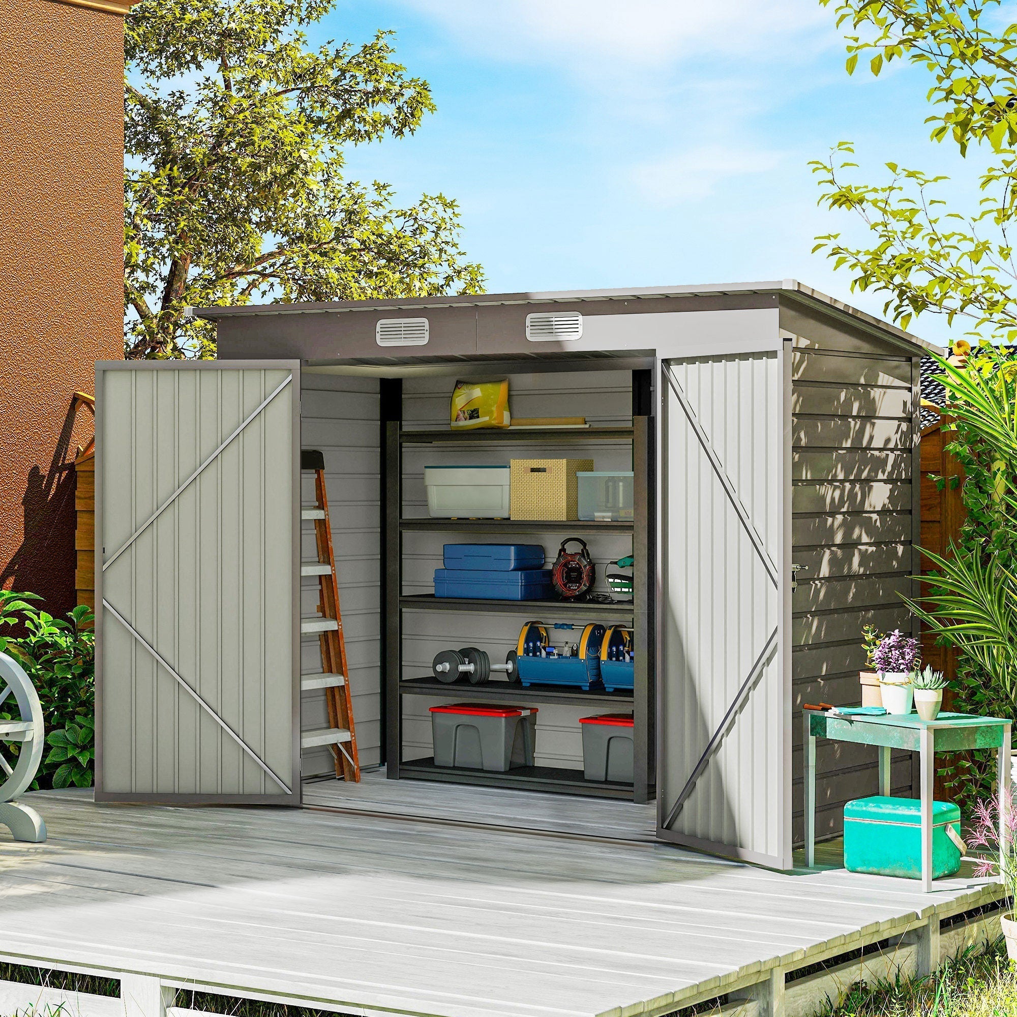 Outsunny 3.7 x 7.9ft Galvanised Steel Shed, with Latched Door and Padlock - Light Grey