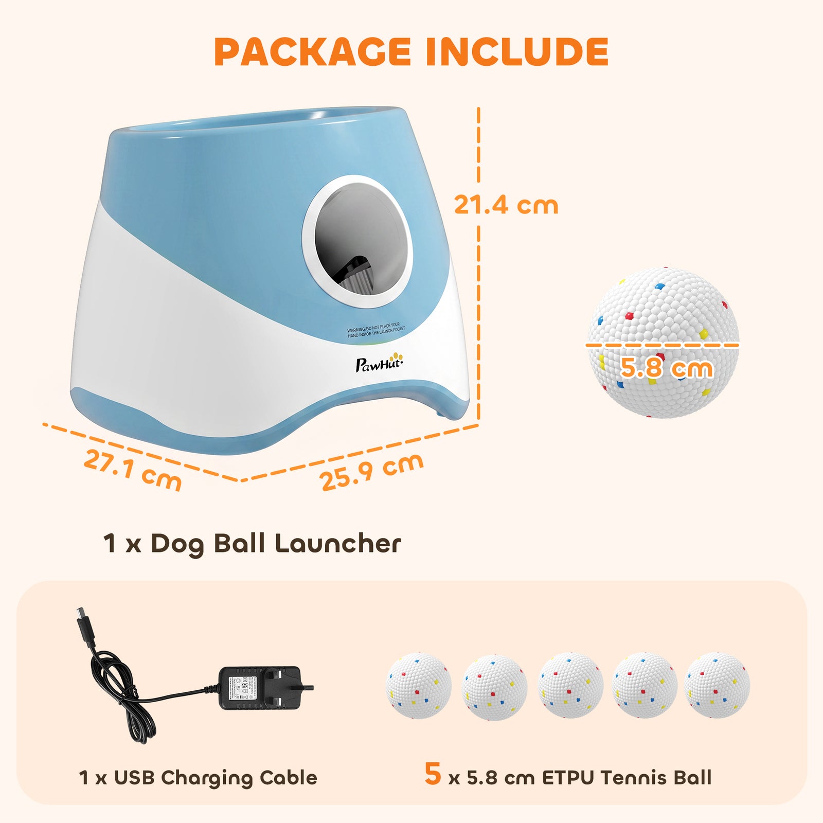 PawHut Automatic Dog Ball Launcher with 5 ETPU Balls 5.8 cm, 3 Distance Settings 6/10/14 m, Blue