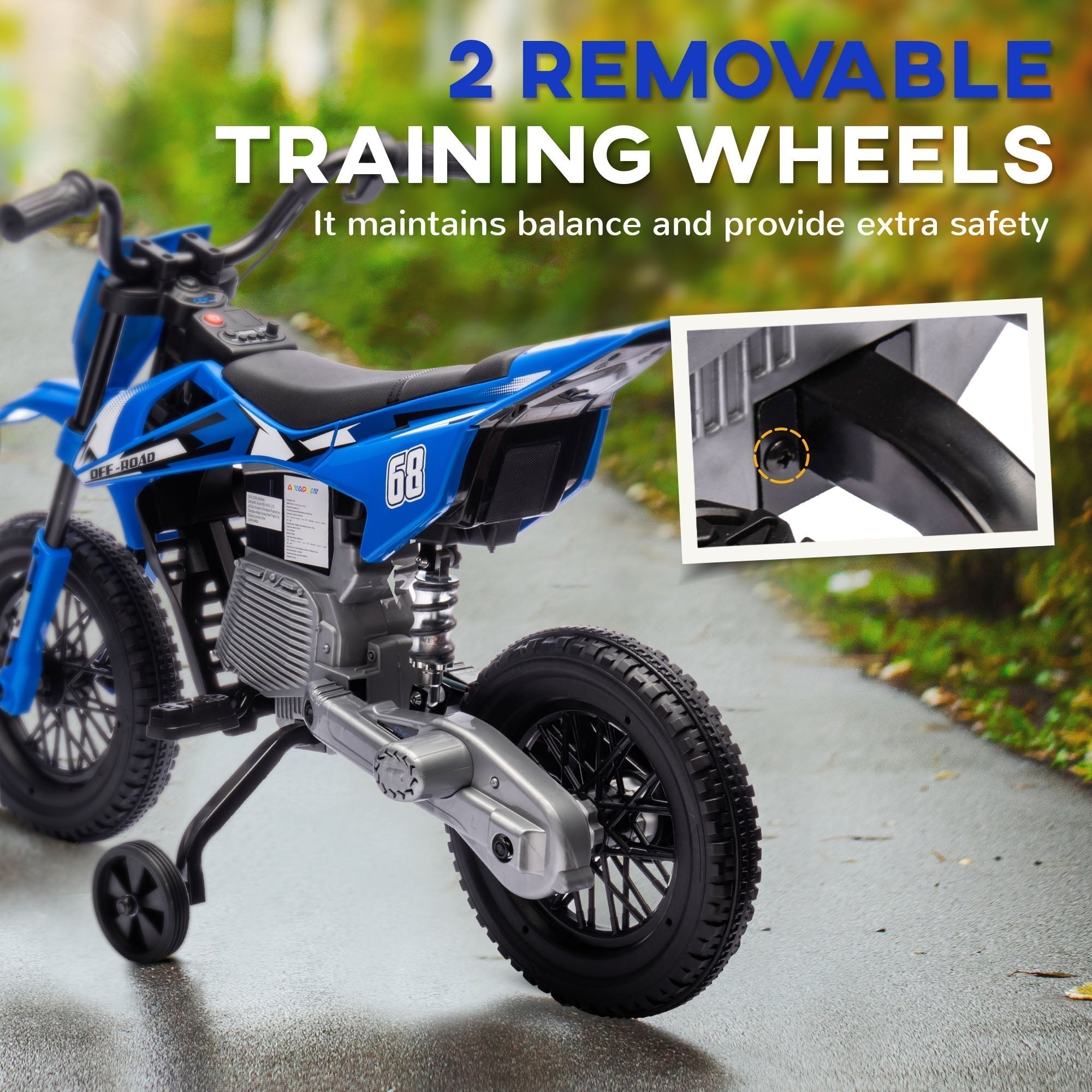 AIYAPLAY 12V Kids Electric Motorbike, Kids Electric Ride on motorcycle w/ Twist Grip Throttle, Training Wheels, Blue
